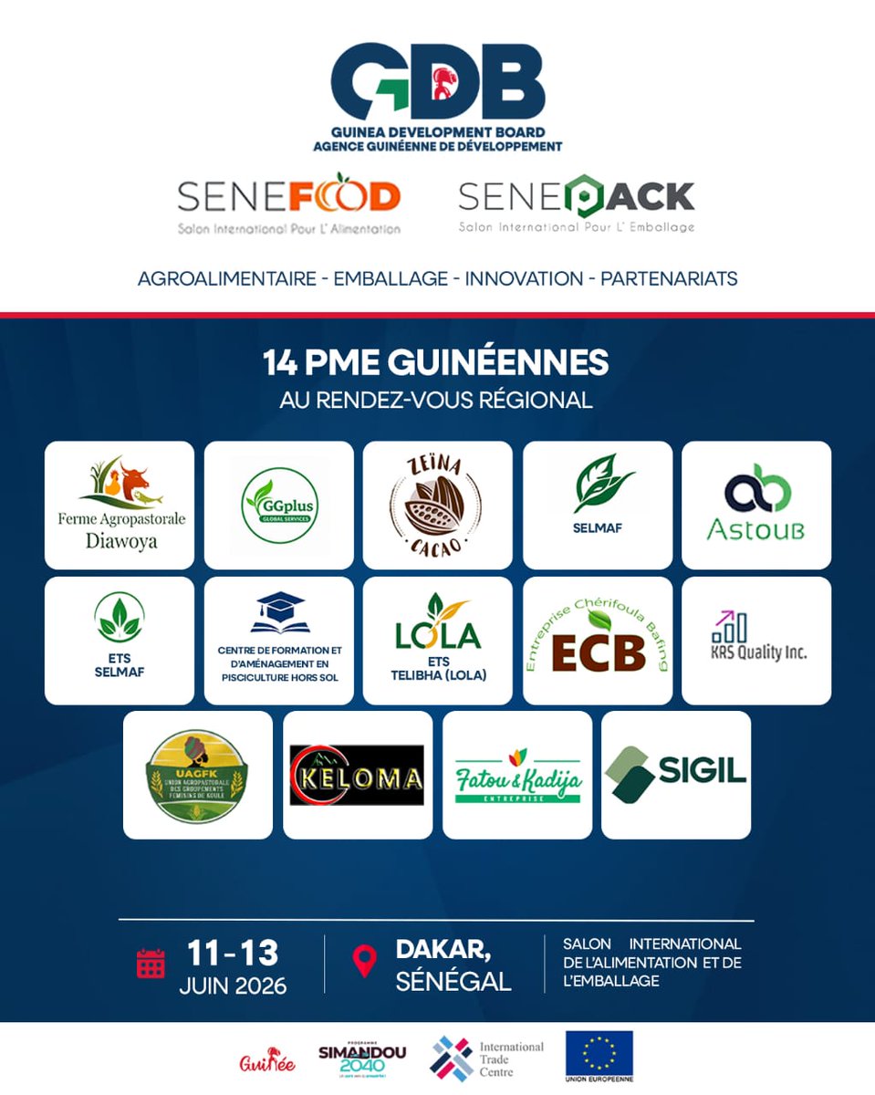 aConakryLive's tweet photo. SENEFOOD & SENEPACK 2026 | L'Agence Guinéenne de Développement (GDB) accompagne 14 PME guinéennes à la conquête des marchés sous-régionaux
https://t.co/VQmMVAjOkD
—
Recevez toute notre actualité en temps réel en composant *111*2*13# via Orange 

https://t.co/vnJx4iDHFY, la Guinée à portée de clic