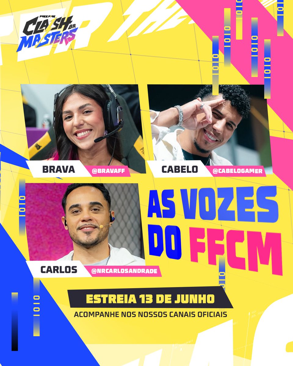 FFesportsBR's tweet photo. CONHEÇA AS VOZES DO #FFCM🔈

No comando do Free Fire Clash Masters teremos @bravaff, @cabelogamer e @nrcarlosandrade!

Anota na agenda, 13/06 ás 17h.
📺 Em todos os canais oficiais da @ffesportsbr

#FreeFire #FFCM https://t.co/yBo7XQutVK