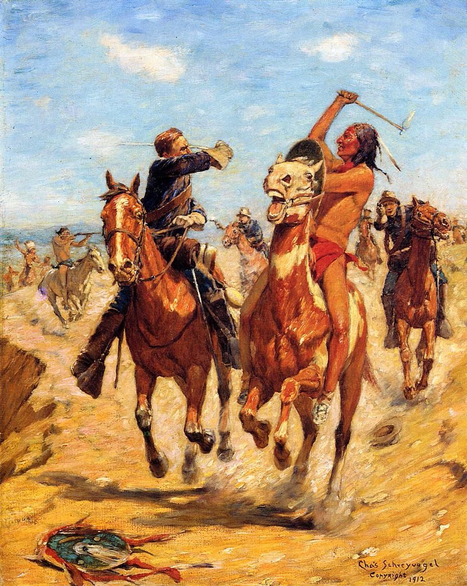 fordianos's tweet photo. 'The Duel' by Charles Shreyvogel. Y al final la Guerra es el duelo individual, me matas ó te mato.Un choque frontal despojado de épica romántica: solo dos hombres, la velocidad y el instinto de supervivencia en un paisaje infinito que se reduce a un solo punto. La frontera americana en su estado más salvaje y real. 

Ford inspirándose en los grandes pintores de esa época ; el dinamismo de Charles Shreyvogel no solo plasmó la crudeza de la frontera, sino que sentó las bases de la composición geométrica que heredaría  el cine de Ford. Ese instante congelado, violento y descarnado, es puro lenguaje cinematográfico antes del cine. #fordianos