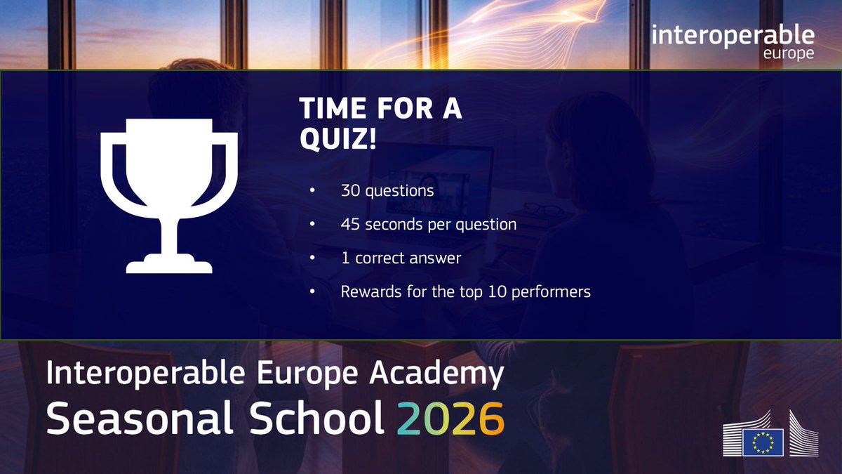 InteroperableEU's tweet photo. At 15:45 CET, it will be quiz time at the #InteroperableEuropeAcademy's #SeasonalSchool2026! 

What have you remembered after 2 days of learning? Who will be the winners? And what will those winners receive?

Join the live stream, participate &amp; find out!
👉https://t.co/J9MOiNhrAA https://t.co/bdyNuTPjZ1