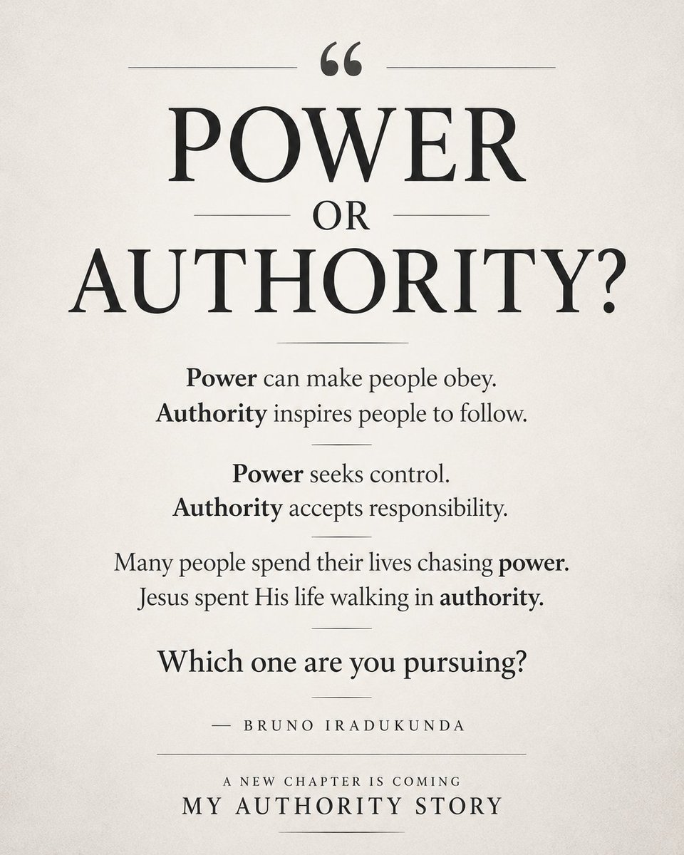 IBruno2034's tweet photo. Many people spend their lives chasing power.
Jesus spent His life walking in authority.
One seeks control.
The other accepts responsibility.
Which one are you pursuing? https://t.co/tNKBf9B9G0