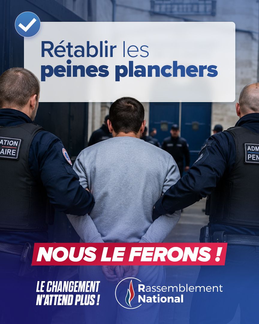 RNational_off's tweet photo. 🔴 Les récidivistes, les narcotrafiquants et ceux qui s'en prennent à nos forces de l'ordre ne doivent plus pouvoir compter sur la faiblesse du système.

Le RN rétablira les peines planchers, avec des sanctions automatiques et fermes pour le narcotrafic et les agressions contre les policiers, gendarmes et agents publics. Quand la loi est violée, la réponse doit être certaine.

▶️ https://t.co/1frcZRI6l8