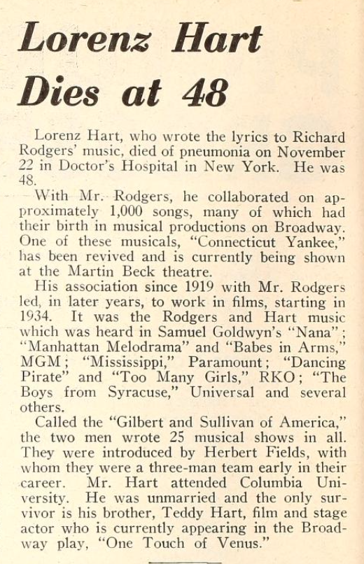 WallaceReid_'s tweet photo. 1943 Lyricist Lorenz Hart born Lorenz Milton Hart (May 2, 1895 – November 22, 1943) #obit https://t.co/nV8drW100r