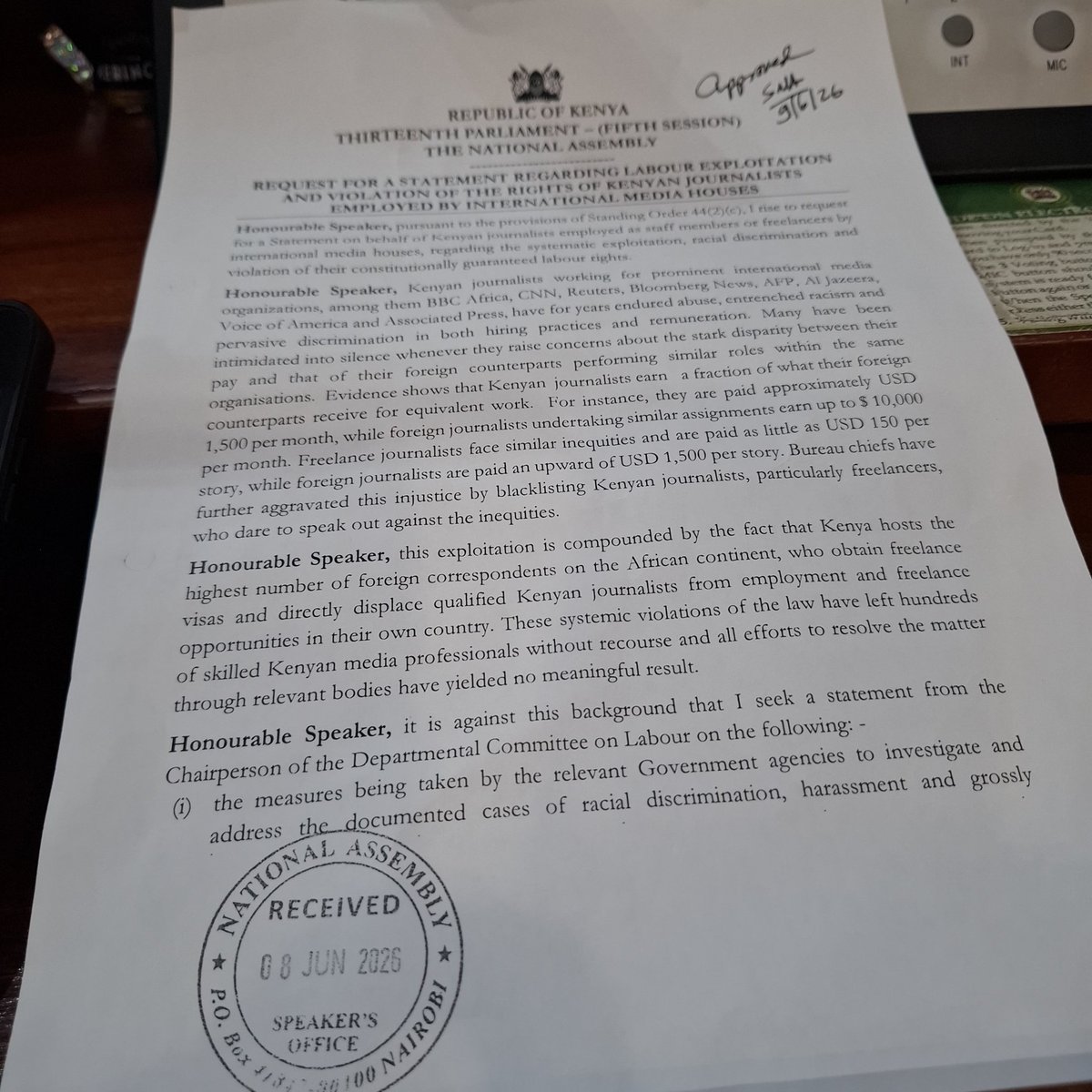 OundoMudenyo's tweet photo. In pursuit of mandate under Article 95(2), I have presented a matter of grievous concern to the Kenyan journalists...I hope that it will be resolved to the satisfaction of the people of Kenya.... https://t.co/11hhv9VwyB