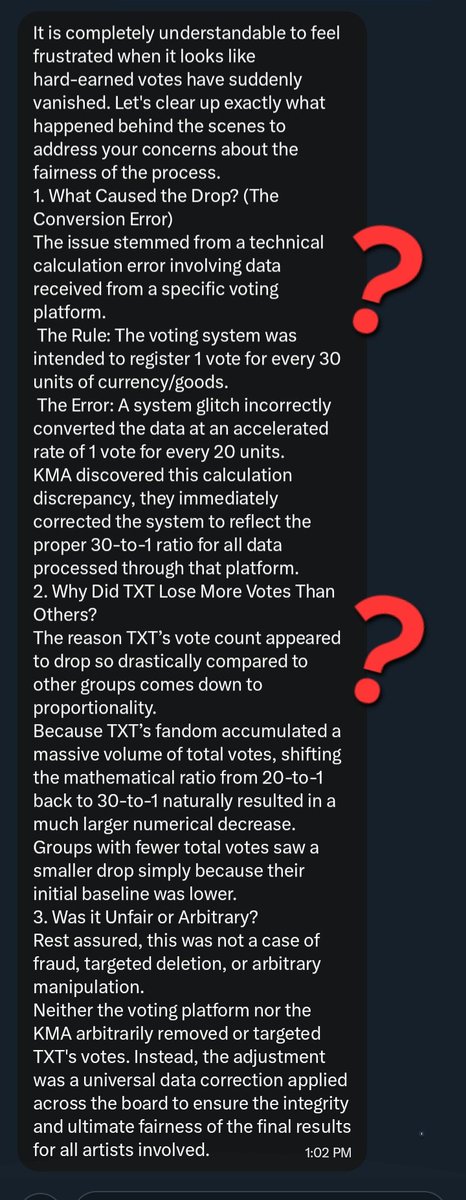 BEOMBASTlC's tweet photo. Here, I want to point out something that I find really disappointing about KMA @2023KMC

There was a change in the total vote count shown in the final results of Round 1 voting. Initially, KMA displayed 125,052 votes in the Popular Song category and 183,151 votes in the Male Group category. However, after some time, the numbers shown on the website changed and the vote counts actually decreased. (6000–8000 votes is A LOT!!!)

This happened to all groups to some extent, but TXT's vote count dropped by a much larger amount, as shown in the image below. That's honestly frustrating because collecting hearts across multiple apps and accs is not easy at all. And also a single vote already requires a lot of effort, so seeing thousands of votes suddenly disappear is really disappointing.

We contacted KMA about this issue, but the explanation we received was simply that it was caused by a website error. While we understand that technical issues can happen, this response doesn't really make any sense. If it was just a website error, why did TXT lose such a significant number of votes compared to others? When we asked for more clarification, we didn't receive a clear explanation.

What's even more disappointing is that this isn't the first issue fans have noticed during Round 1. There were already problems with TXT's ranking not being updated properly for a period of time, which caused a lot of confusion among us before. 

KMA needs to do better!!!