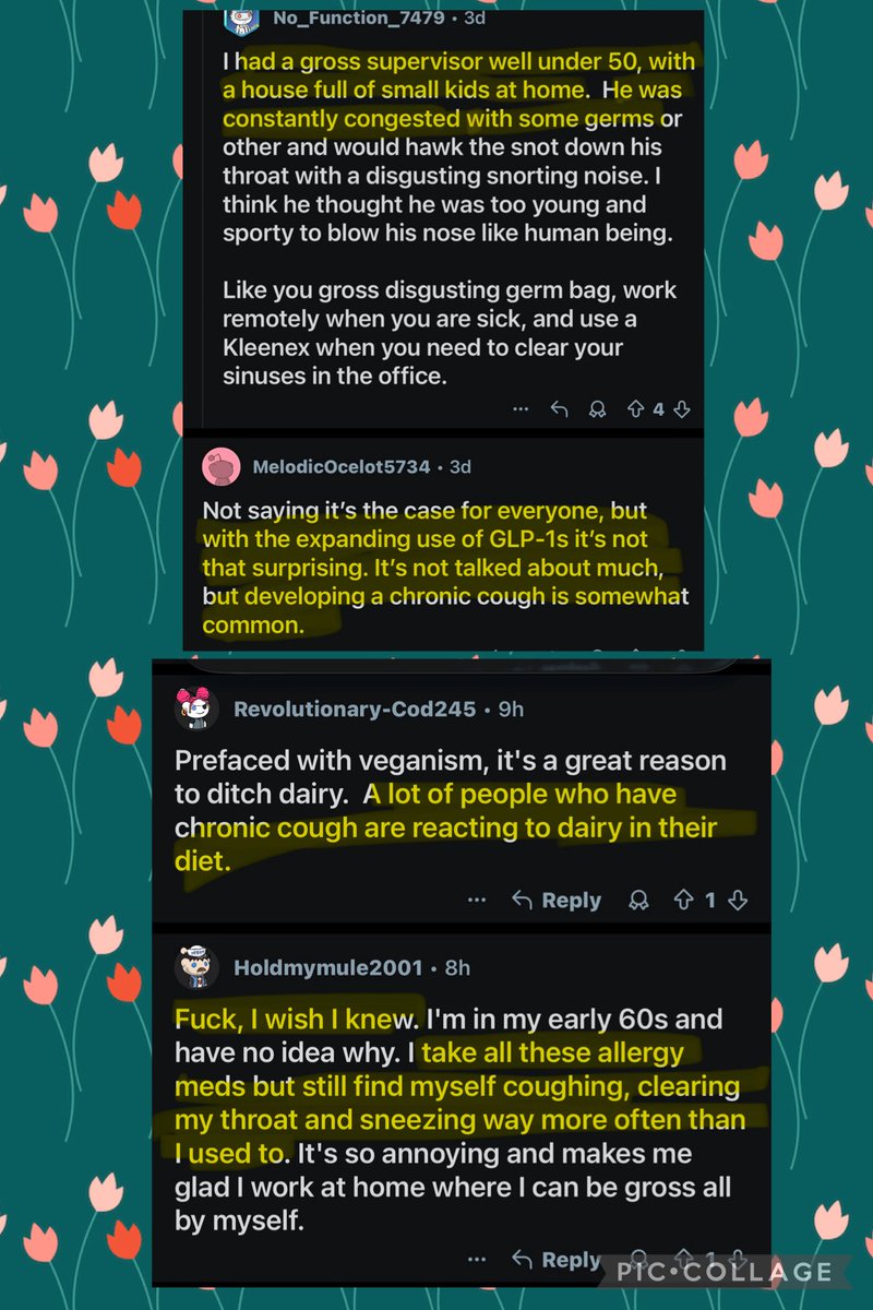envidreamz's tweet photo. “Do other people notice in their office environment everyone has a cough year round ? Just seems weird. They’re not sick, just have coughs. All the time. Always coughing and clearing throats.”

r/office has entered the chat with the most creative Covid avoidance you have possibly ever seen! 

-Mom’s “year round cold” blamed on dad turning on the AC
-high blood pressure meds causing chronic coughing 
-acid reflux 
-“It could be the cheap perfume/cologne someone in the office is wearing.”
-“dryness in the air.” 
-“dust allergy”
-mold
-the Covid “jabs” 
-dirty buildings that have not been cleaned properly 
-“post menopause sinus issues are more common now.”
-“With the expanding use of GLP-1s it's not that surprising. It's not talked about much, but developing a chronic cough is somewhat common.”
-“We all make jokes about how we are allergic to the office!”
-too much dairy in their diet 

Lmao not one single person said the C word. 
Really guys? 
Cmon. 
The phlegm is strong, but the Covid denial is stronger!!