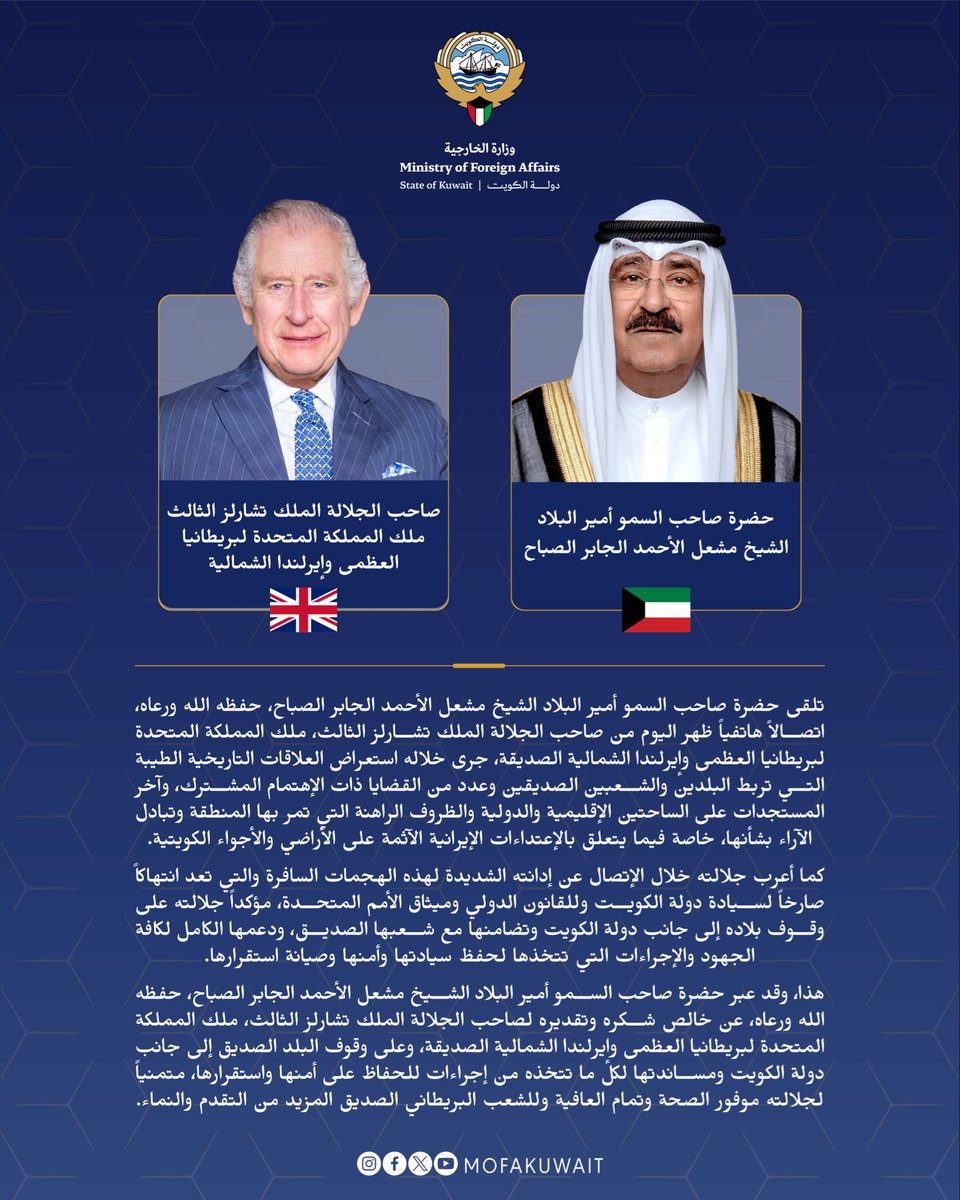 MOFAKuwait's tweet photo. تلقى حضرة صاحب السمو أمير البلاد الشيخ مشعل الأحمد الجابر الصباح، حفظه الله ورعاه، اتصالاً هاتفياً ظهر اليوم من صاحب الجلالة الملك تشارلز الثالث، ملك المملكة المتحدة لبريطانيا العظمى وإيرلندا الشمالية الصديقة، جرى خلاله استعراض العلاقات التاريخية الطيبة التي تربط البلدين والشعبين الصديقين وعدد من القضايا ذات الإهتمام المشترك، وآخر المستجدات على الساحتين الإقليمية والدولية والظروف الراهنة التي تمر بها المنطقة وتبادل الآراء بشأنها، خاصة فيما يتعلق بالإعتداءات الإيرانية الآثمة على الأراضي والأجواء الكويتية.

كما أعرب جلالته خلال الإتصال عن إدانته الشديدة لهذه الهجمات السافرة والتي تعد انتهاكاً صارخاً لسيادة دولة الكويت وللقانون الدولي وميثاق الأمم المتحدة، مؤكداً جلالته على وقوف بلاده إلى جانب دولة الكويت وتضامنها مع شعبها الصديق، ودعمها الكامل لكافة الجهود والإجراءات التي تتخذها لحفظ سيادتها وأمنها وصيانة استقرارها.

هذا، وقد عبر حضرة صاحب السمو أمير البلاد الشيخ مشعل الأحمد الجابر الصباح، حفظه الله ورعاه، عن خالص شكره وتقديره لصاحب الجلالة الملك تشارلز الثالث، ملك المملكة المتحدة لبريطانيا العظمى وإيرلندا الشمالية الصديقة، وعلى وقوف البلد الصديق إلى جانب دولة الكويت ومساندتها لكل ما تتخذه من إجراءات للحفاظ على أمنها واستقرارها، متمنياً لجلالته موفور الصحة وتمام العافية وللشعب البريطاني الصديق المزيد من التقدم والنماء.