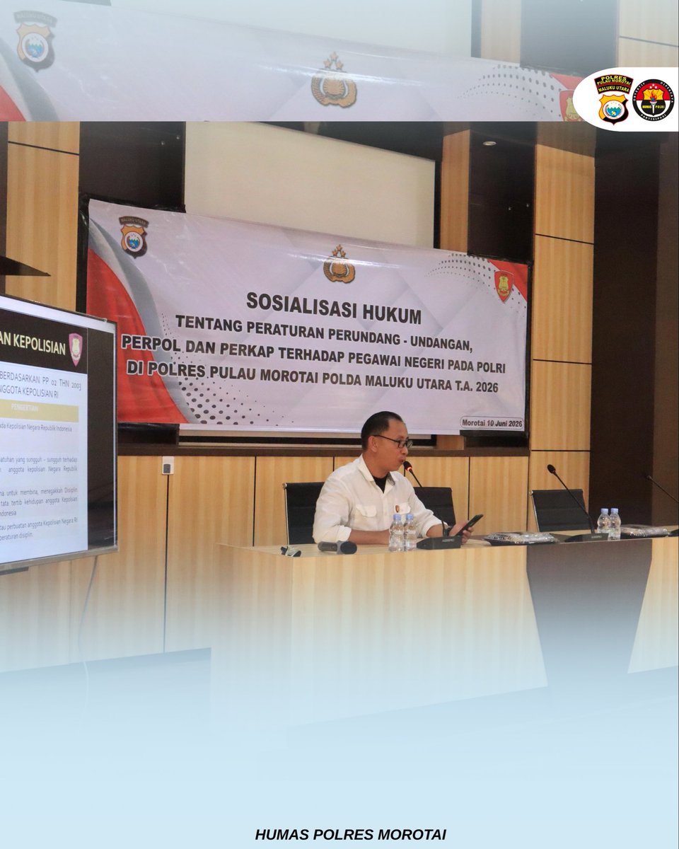 HumasPulau's tweet photo. Sosialisasi Hukum Tentang Peraturan Perundang-undangan Perpol dan Perkap Terhadap Pegawai Negeri Pada Polri di Polres Pulau Morotai Polda Maluku Utara Tahun Anggaran 2026. https://t.co/tmYERfsvZM