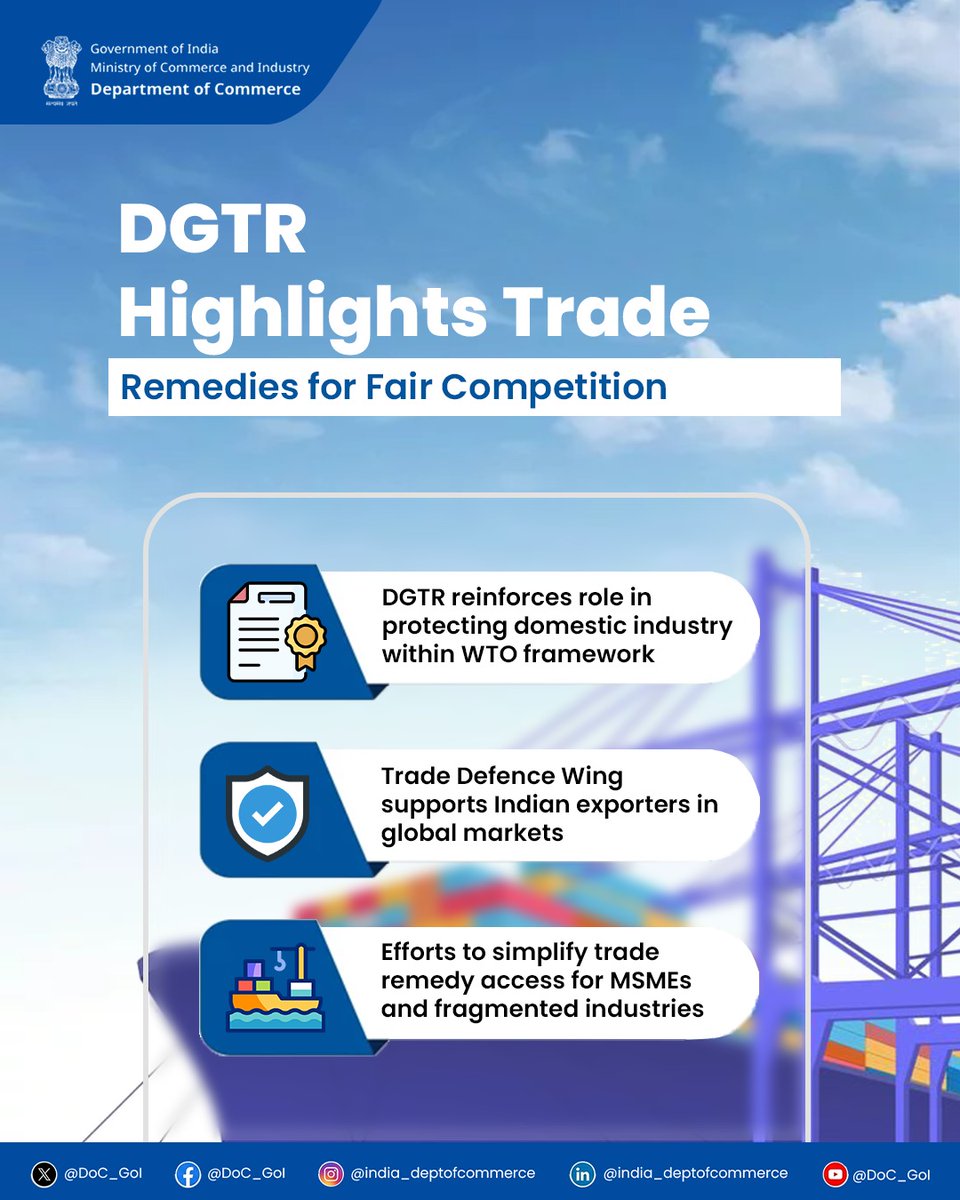 DoC_GoI's tweet photo. DGTR is working to strengthen fair-trade practices and ensure a level playing field for domestic industry in line with WTO norms. Additional Secretary & Director General Trade Remedies Shri Amitabh Kumar recently highlighted the role of the Trade Defence Wing in supporting Indian exporters in global markets and addressing challenges in a competitive trade environment.

Ongoing initiatives to simplify access to trade remedy mechanisms, particularly for MSMEs and fragmented industries, were also highlighted, enabling businesses of all scales to better utilise available safeguards and opportunities.

Read more: https://t.co/9zO03EFINL

#TradeRemedies #FairTrade #TradePolicy #WTO @PIB_India @RajeshAgrawal94