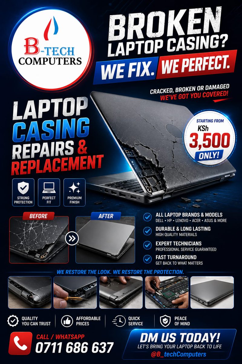 Madikizela_Win's tweet photo. 🚨 BROKEN LAPTOP CASING? DON’T BUY A NEW LAPTOP 💻🔥
Bring it back to life with premium laptop casing replacement from ONLY KSh 3,500 ✅
✔ Clean finish
✔ Durable quality
✔ Perfect fit for most models
Restore the look. Protect your device. Upgrade the vibe ⚡
📞 0711686637
📩 DM @B_techComputers