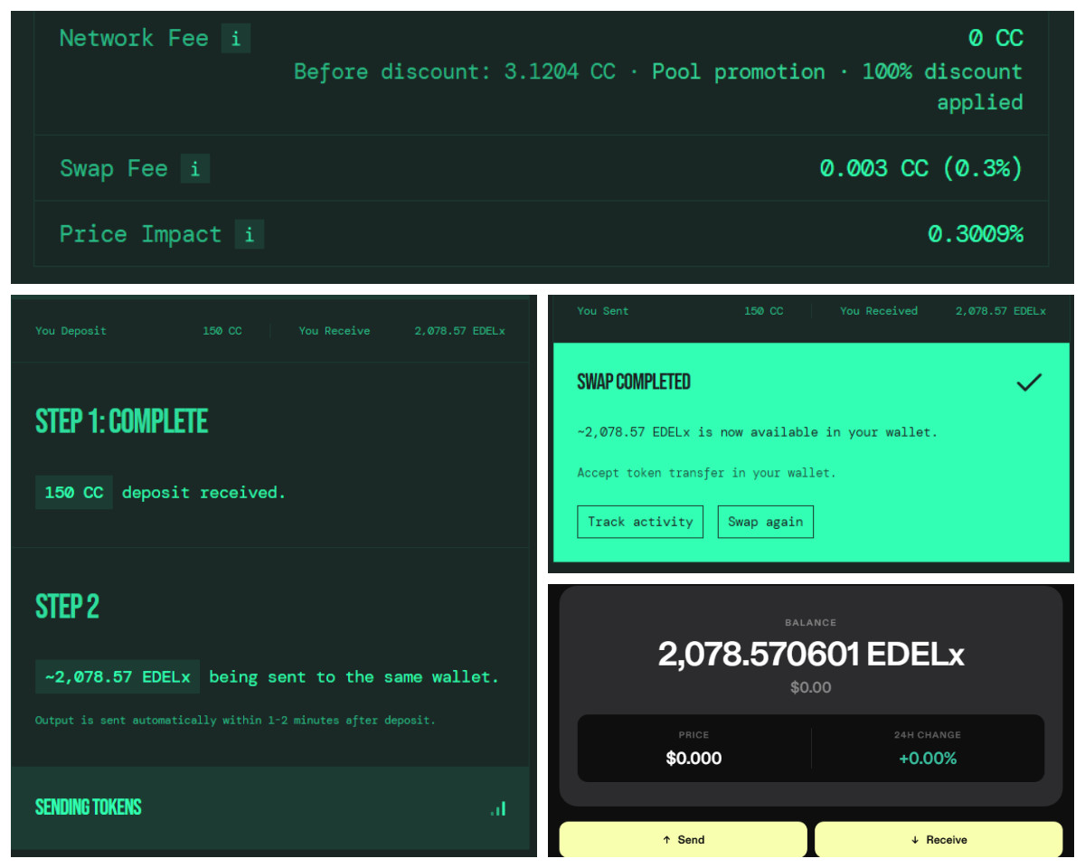 0xMagnetCcd's tweet photo. Good news!
$EDELx is live on @Oneswapcc 

Just did a swap from $CC to $EDELx
Everything was really fast and smooth
And what's even cooler is that I did the swap without any fees in it. Fee will be charged on the loop (if using a loop)

Oneswapp is offering a promo: 0% fees for 10 days.

Oneswapp and @edeldotfinance are really doing a great job in @CantonNetwork