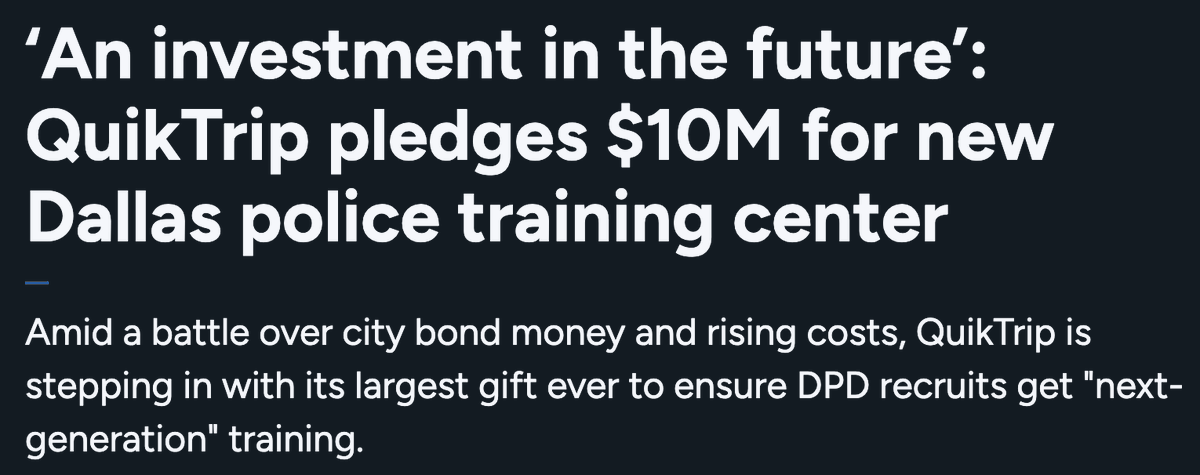 data_atx's tweet photo. QuikTrip ( the Buc-ees of Dallas ) is donating $10m to the new Dallas Police training center 

QT does NOT get enough love , great company https://t.co/3nnyMlx9nM