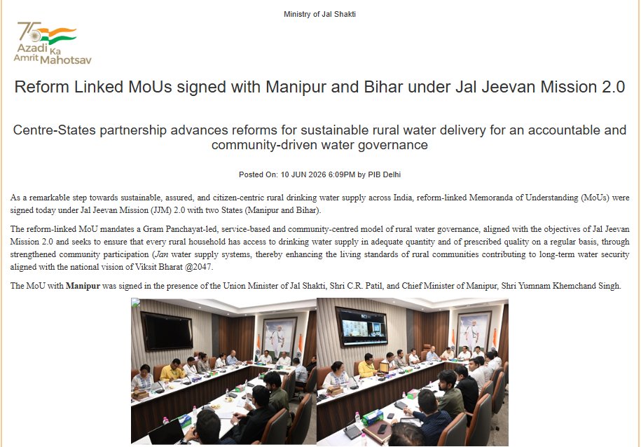 PIBWater's tweet photo. Reform‑Linked MoUs signed with Manipur and Bihar under Jal Jeevan Mission 2.0

Read more: https://t.co/XHW1AOcemO

@CRPaatil @PMO @dr_rajbhushan @MoJSDDWS  @manipur_cmo  @officecmbihar @PIB_India @PIB_Patna @PIBImphal @jaljeevan_ https://t.co/VDu0ukQpSq