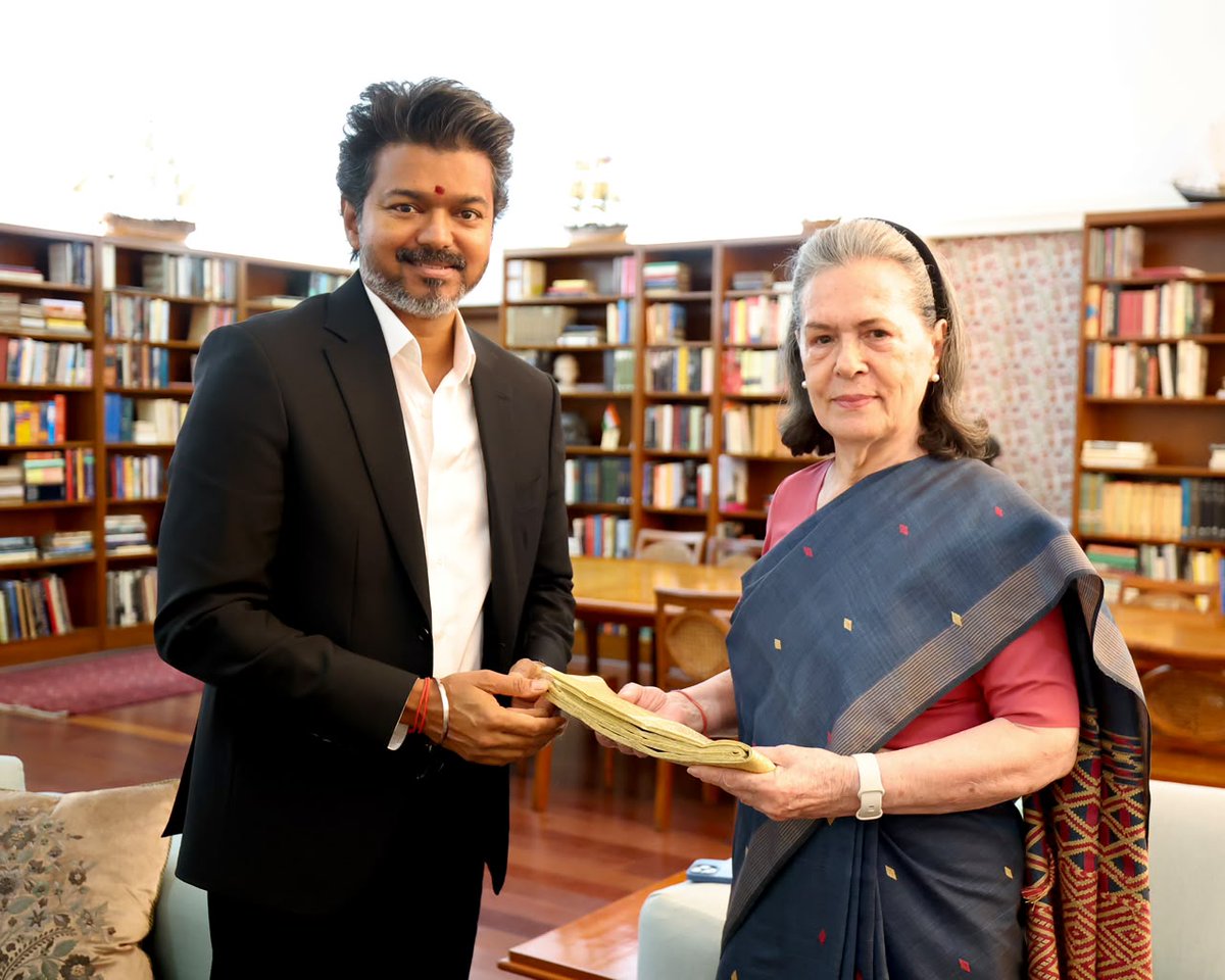 INCIndia's tweet photo. Tamil Nadu CM Shri C. Joseph Vijay met CPP Chairperson Smt. Sonia Gandhi ji and LoP Shri @RahulGandhi at 10 Janpath, New Delhi. https://t.co/8XxR0LhQ4K
