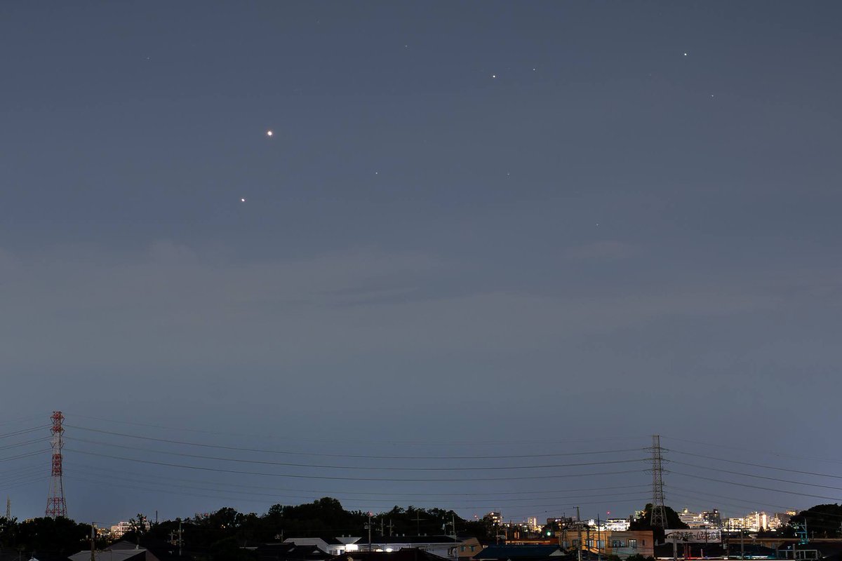 eclipse0106's tweet photo. 西の空に金星と木星が並んで沈んでいきました。
上の明るい方が金星です。

本当は昨日の方がさらに接近して見頃だったのですが、あいにくの曇り空で観測できず。今日は雲の切れ間から何とか姿を捉えることができました。

写真右上に見えるのは、ふたご座のカストル（右）とポルックス（左）です。 https://t.co/1ELM09JvVF