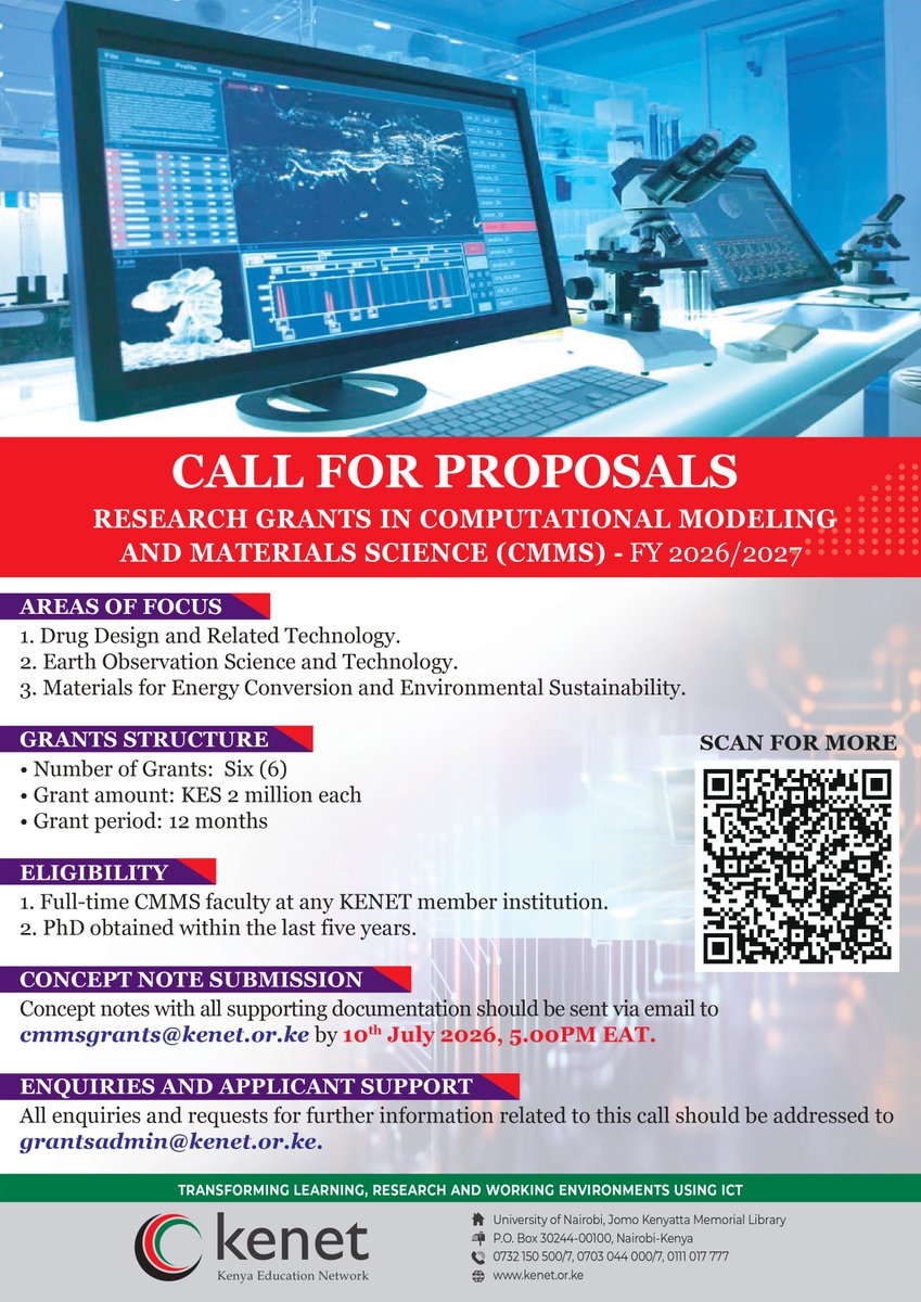 kenet_ke's tweet photo. @kenet_ke is inviting proposals for research grants in the three Special Interest Group (SIG) academic areas, namely, Computational Modeling and Materials Science (CMMS), Computer Science and Information Systems (CSIS), and Engineering, as well as innovation grants in Education Technology (EdTech).

Interested applicants are encouraged to submit concept notes and all supporting documentation by 10th July 2026 to the respective email addresses below:
● CMMS – cmmsgrants@kenet.or.ke
● CSIS – csisgrants@kenet.or.ke
● Engineering – enggrants@kenet.or.ke
● EdTech – edutechgrants@kenet.or.ke

For more information and application guidelines, please visit https://t.co/haDhh3lfHk.
#KENET #Research #Innovation #Grants