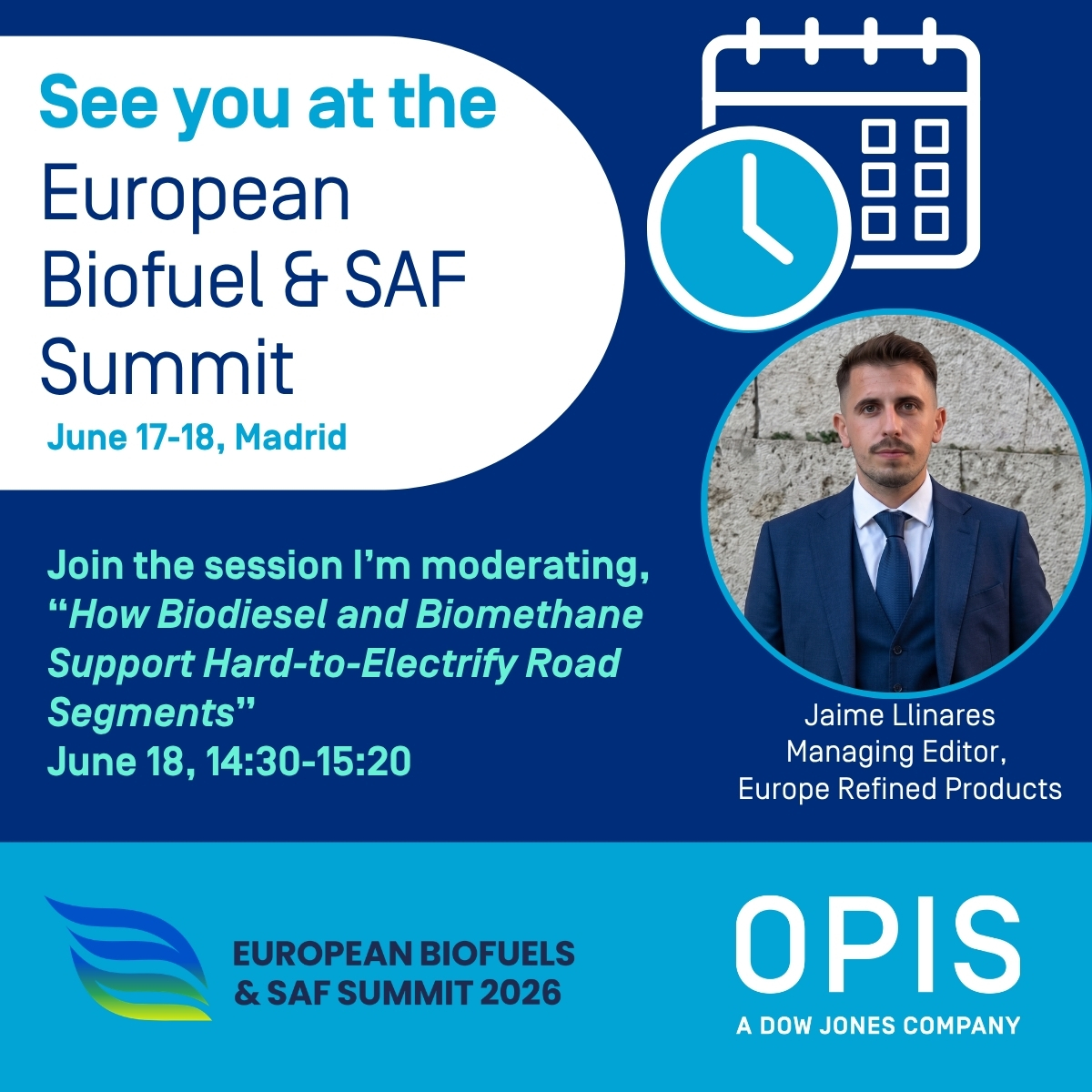 OPIS's tweet photo. Thrilled to announce @JaimeLlinaresT will moderate a panel at #EBSS2026 in #Madrid next week!
🗓️ June 18 | 14:30
🎫 Save 15% with code EBSS15OPIS
Join 600+ industry leaders to talk biofuels & #SAF: https://t.co/iyCLMIsQBf
#biodiesel #biomethane https://t.co/xxQpoXNYlR