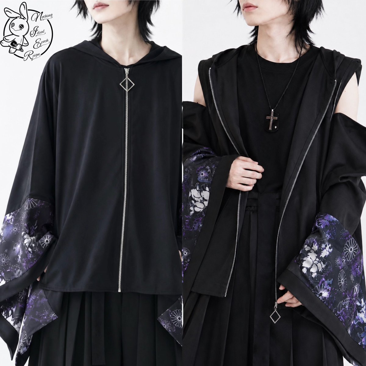 NieR_tokyo's tweet photo. 🚫新作商品案内🚫

【和風着物袖3ZIP OUTER】

動くたびに広がるシルエットが印象的で、ワイドスリーブ仕様が和装感を演出してくれるオリジナルアウターになります✨

デザイン部分オリジナルの九尾柄仕様。

ユニセックスアイテムです❣️

是非チェックしてみてください🐰
https://t.co/atBmwtSRSv https://t.co/kG7Oa8jDoA
