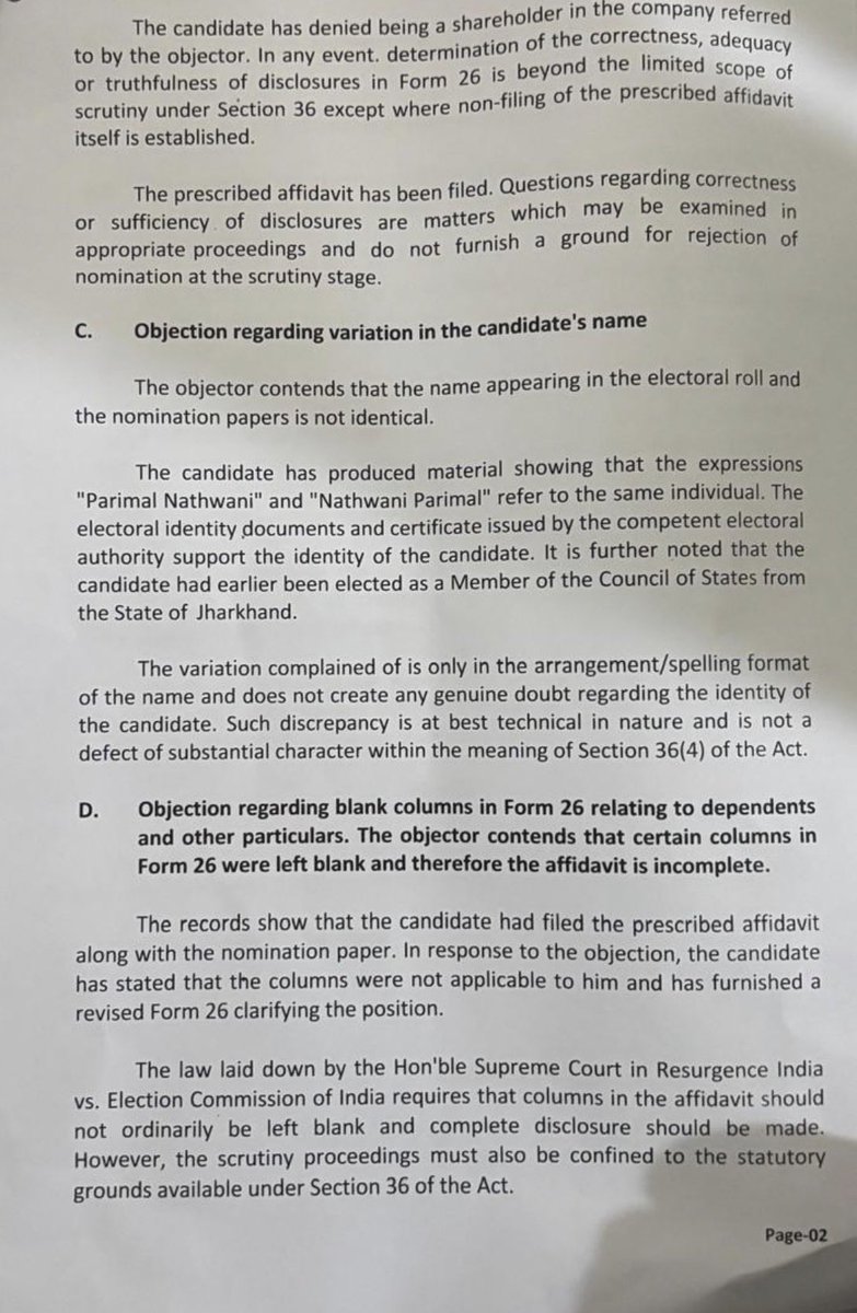 MonitorBharat's tweet photo. EXCLUSIVE: Jharkhand CEO rejects ⁦objections raised by @INCIndia⁩ regarding the candidature of @BJP4India-backed independent candidate Parimal Nathwani @mpparimal. Check out the objections and the order below. https://t.co/sOXsRzDFlp