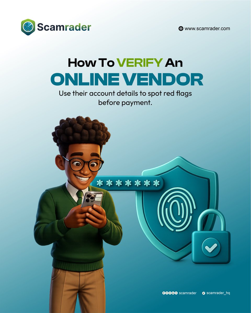 scamrader's tweet photo. Before you send money to an online vendor, take a moment to verify.

A few simple checks today can save you from a costly mistake tomorrow.

Stay safe. Prevent yourself. Don’t get scammed.

Visit https://t.co/McfzPBEaLn to verify accounts.

#Scamrader #ScamPrevention https://t.co/q7wEPHoQJk