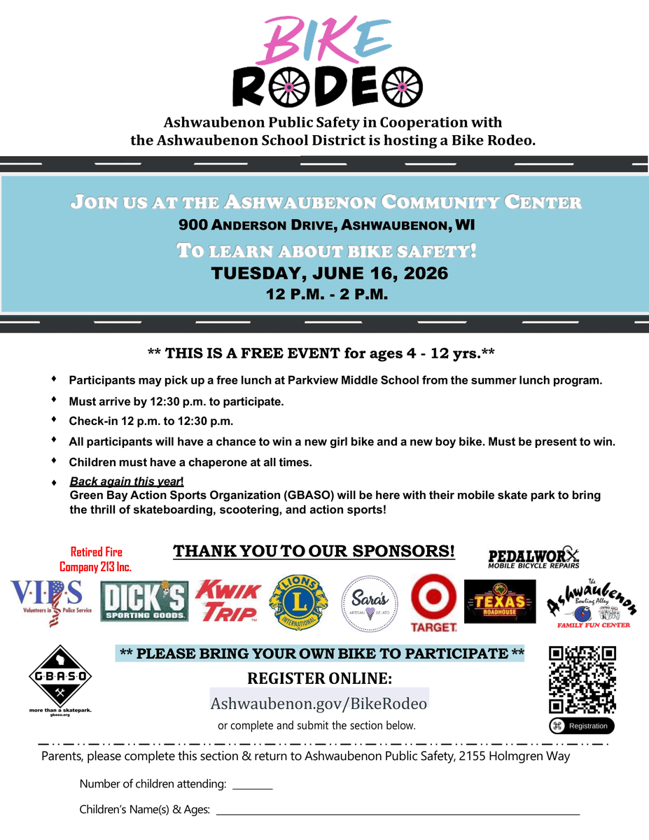 AshPublicSafety's tweet photo. Join us for the 2026 Bike Rodeo, a FREE event for kids ages 4–12! Biking fun, safety activities, prizes, mobile skate park, free lunch, and a chance to win a new bike! 🛹🚲

📅 June 16, 2026
⏰ 12–2 P.M.
📍 900 Anderson Dr

🚴 Register: https://t.co/8bCnJcpt7i https://t.co/N8t4KV28Jl