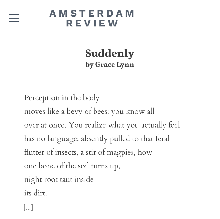 AmsterdamRev's tweet photo. "I thought / this is what precedes / sudden disaster: / our second brain that cannot / talk, hears the ticking"

A poem by 𝐆𝐫𝐚𝐜𝐞 𝐋𝐲𝐧𝐧 in the Spring issue

https://t.co/9qziijGFAF

#poetry #poetrycommunity https://t.co/qlwSpA9MGy