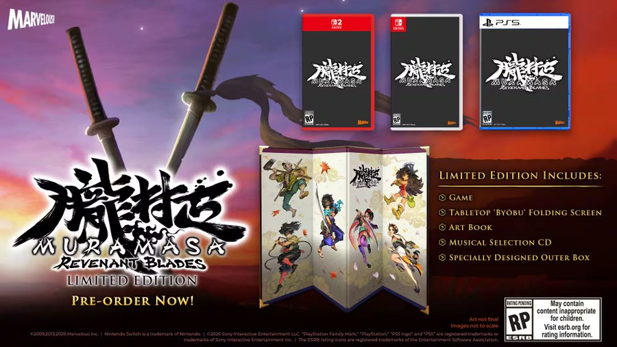 VideoGamesPlus_'s tweet photo. Preorders are live for Standard and Limited Editions of Muramasa: Revenant Blades NSW/PS5/Switch 2 [Game on Cart] at VGP! 

👉https://t.co/tqSaFtUmpx [Free Shipping]

SE: NSW/ PS5 $69.99 / $49.99 USD
                    NSW 2 $79.99 / 59.99 USD

LE: NSW/PS5 $124.99 / 89.99 USD
                 NSW 2 $139.99 / 99.99 USD 

- March 31, 2027 [Place Holder]