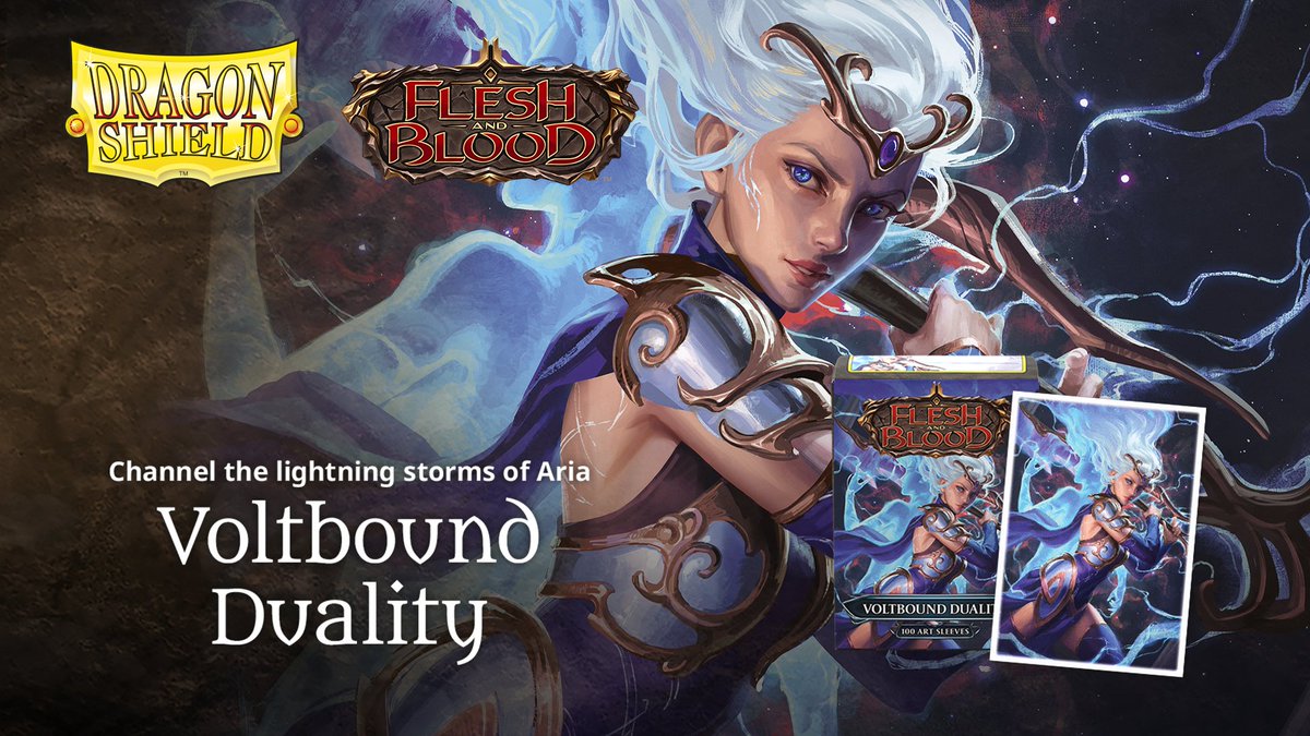 DragonShield_'s tweet photo. Channel the lightning storms of Aria and control the tempest with Voltbound Duality 🌪️

New Flesh and Blood Matte Art Sleeves featuring artwork from  Flesh and Blood's latest set are available now ⚡

Find them in your LGS or right here: https://t.co/HP0Uk6mTxA https://t.co/2zTYICeFpQ