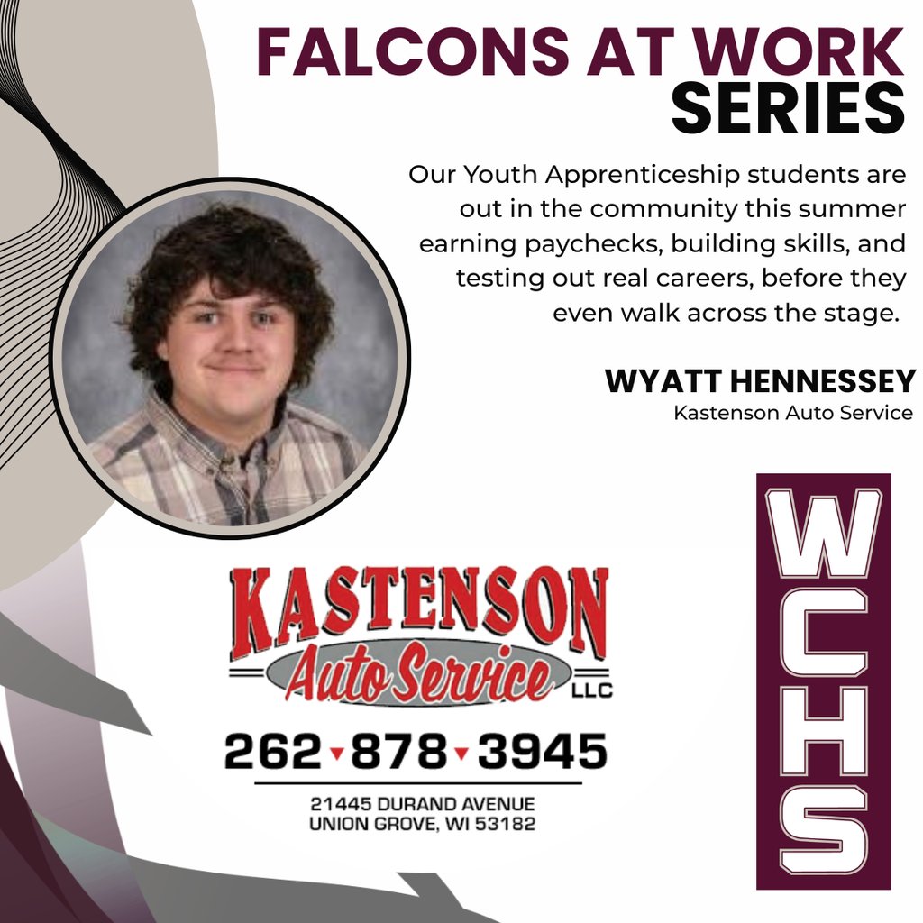 WestoshaCHS's tweet photo. Our Youth Apprenticeship students are out in the community this summer earning paychecks, building skills, and testing out real careers, before they even walk across the stage. Wyatt Hennessey will be at Kastenson Auto Service this summer! https://t.co/tzKRkyXTPY