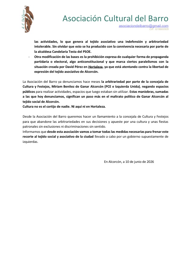 ac_delbarro's tweet photo. La Asociación Cultural del Barro considera absolutamente intolerable el cambio de bases y el recorte a la participación del tejido asociativo para las casetas de las fiestas patronales de 2026 llevado a cabo de forma unilateral por la Concejalía de Cultura y Festejos. https://t.co/F43I62Ackr