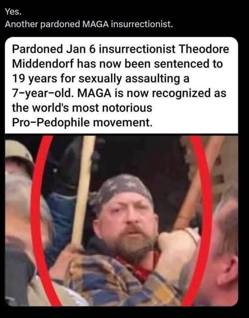 JamesTate121's tweet photo. A 7 year old was sexually assaulted by because of a Trump pardon. Where is the outrage MAGA? https://t.co/xwiHsOO536