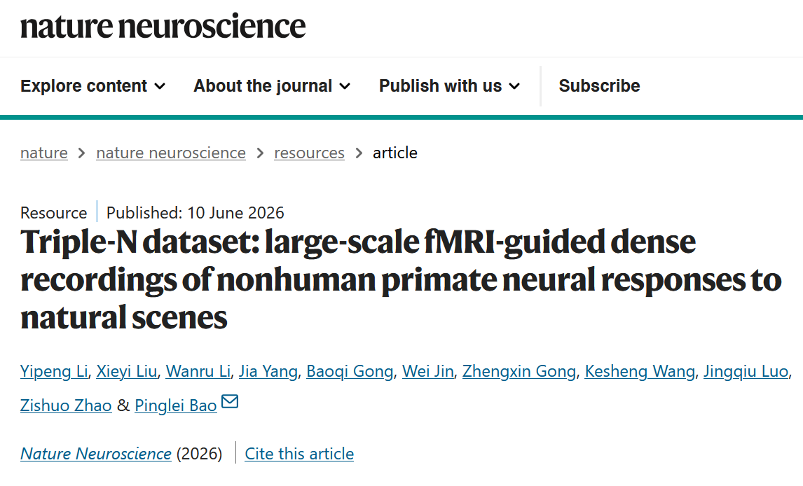 bobking's tweet photo. Triple-N dataset published in Nature Neuroscience 🧠Combined fMRI functional mapping + dense NHP neural recordings to unpack primate visual encoding of natural stimuli. Open dataset available for the field. Grateful to all collaborators. https://t.co/r8ZLc9Zi0G