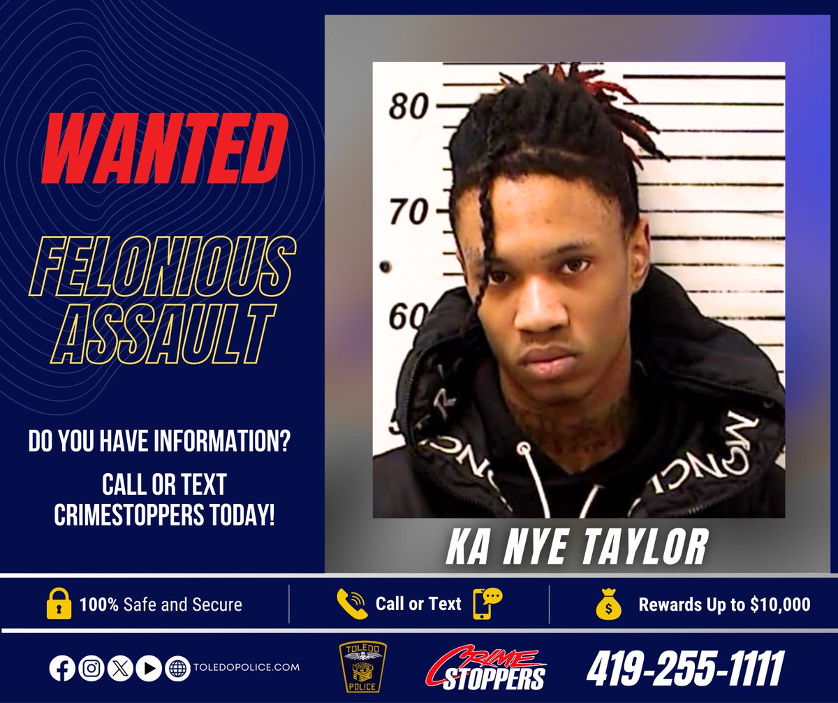 Toledo_PD's tweet photo. Old West End Festival Shooting Investigation Update: 

Following numerous interviews and investigative leads, arrest warrants have been issued for Ka Nye Taylor, who is wanted on 11 counts of Felonious Assault in connection with the June 6, 2026, shooting at the Old West End Festival.

Ka Nye Taylor, 20 years of age, is a black male, 5’11, 130 lbs, with black hair and brown eyes. 

Investigators have also obtained photographs of a second shooter and are seeking the public's assistance in identifying him.

Anyone with information regarding the whereabouts of Ka Nye Taylor or the identity of the second shooter is encouraged to call or text Crime Stoppers at 419-255-1111. Tipsters may remain anonymous.

A reward of up to $10,000 is available through Crime Stoppers for information leading to their arrests.

The US Marshals Service has also offered an award of up to $5,000. 

This investigation remains active and ongoing.