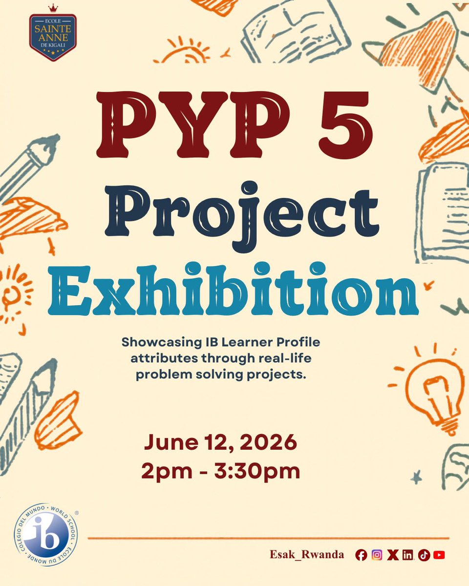 ESAK_Rwanda's tweet photo. ⏳ 2 Days to Go!
PYP 5 learners are ready to showcase innovative solutions to real-world challenges in sustainability, engineering, accessibility &amp; more. 🌟
Don’t miss it! 🎓✨ https://t.co/QGfEuGM0eq