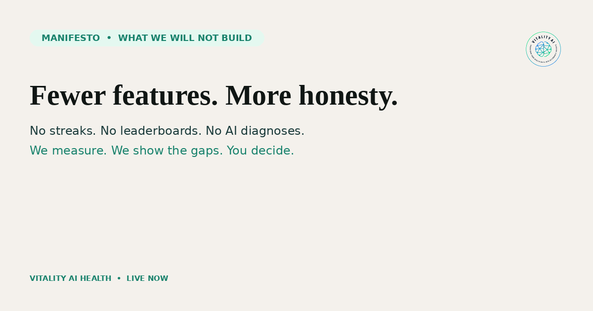 Vidaya_AI's tweet photo. Fewer features. More honesty.

No streaks. No leaderboards. No AI diagnoses. No biological age. No meal prescriptions.

We measure. We show the gaps. You decide.

https://t.co/z1NkCjmBLz https://t.co/F1Ml9ZuLxm