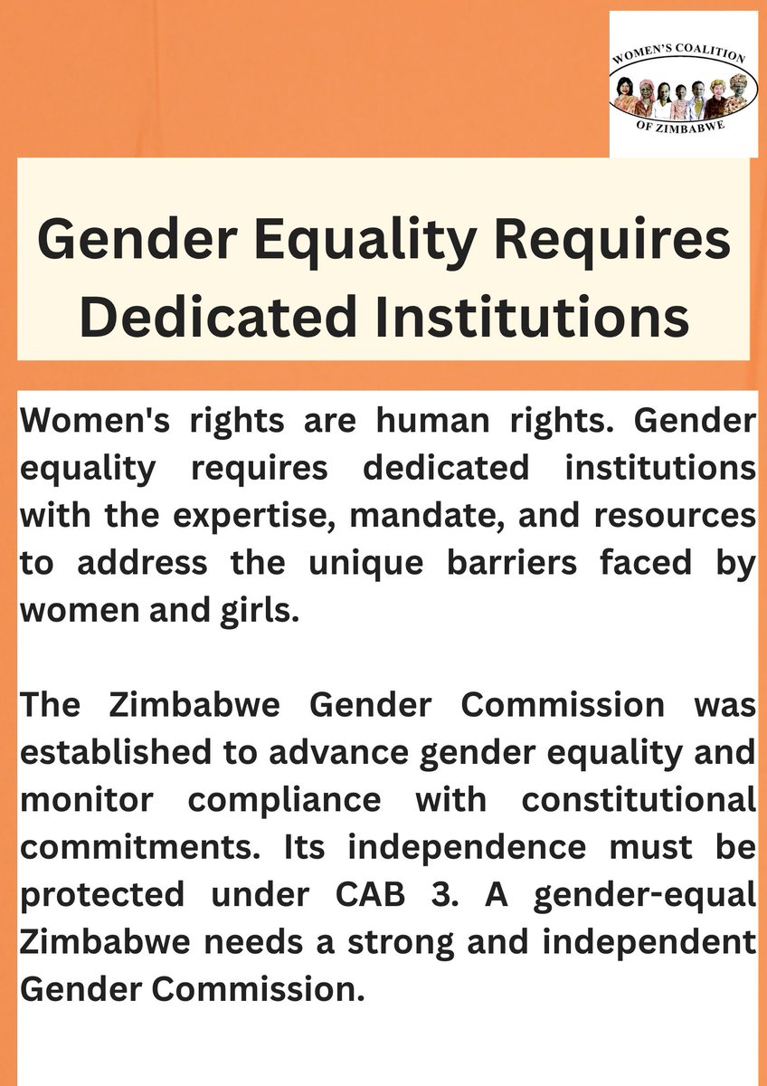 WCOZIMBABWE's tweet photo. #ConstitutionAmendment3
When institutions that promote gender equality are strengthened, women and girls are better positioned to claim their rights, access justice, and participate fully in society.
#SaveZGC
#GenderJustice https://t.co/HkUvN0WFIu