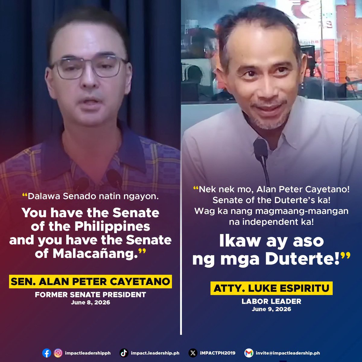 iMPACTPH2019's tweet photo. LUKE REJECTS CAYETANO'S 'TWO SENATES' CLAIM: 'IKAW AY ASO NG MGA DUTERTE!'

Labor leader Atty. Luke Espiritu on Tuesday dismissed former Senate President Alan Peter Cayetano's assertion that there are now "two Senates."

https://t.co/y003aQNeud https://t.co/ybjJg9yAyx