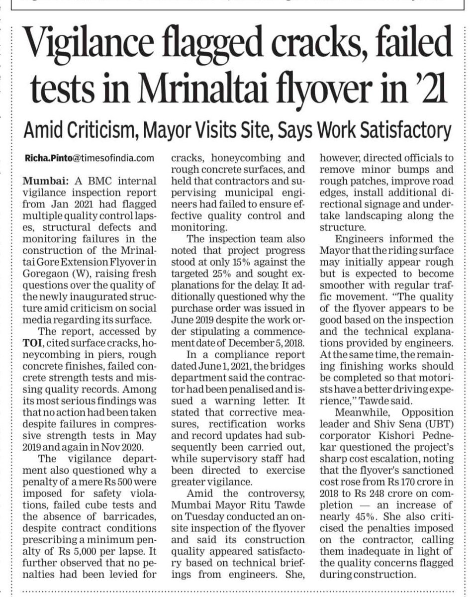 smitadeshmukh's tweet photo. The 750-meter Mrinaltai Gore flyover extension took 8 years to complete after being commissioned in 2018. The cost ballooned by 45% from the original estimate of Rs 170.82 crores to a massive Rs 248 crores - averaging an insane Rs 33 lakh per meter. 
​Yet, hours after opening, it is  visibly uneven, rough, and heavily patched-up surface. Giving clean chit to the contractor by hiding behind technical jargon about mastic asphalt settling or expansion joints is a terrible defence. Taxpayers paid a premium price and shouldn't be told to just drive on it until it smooths out. @mybmc must conduct an  independent third-party audit, core tests, and complete accountability for the contractor (who has a bad track record) and civic officials before the monsoon ruins it completely.