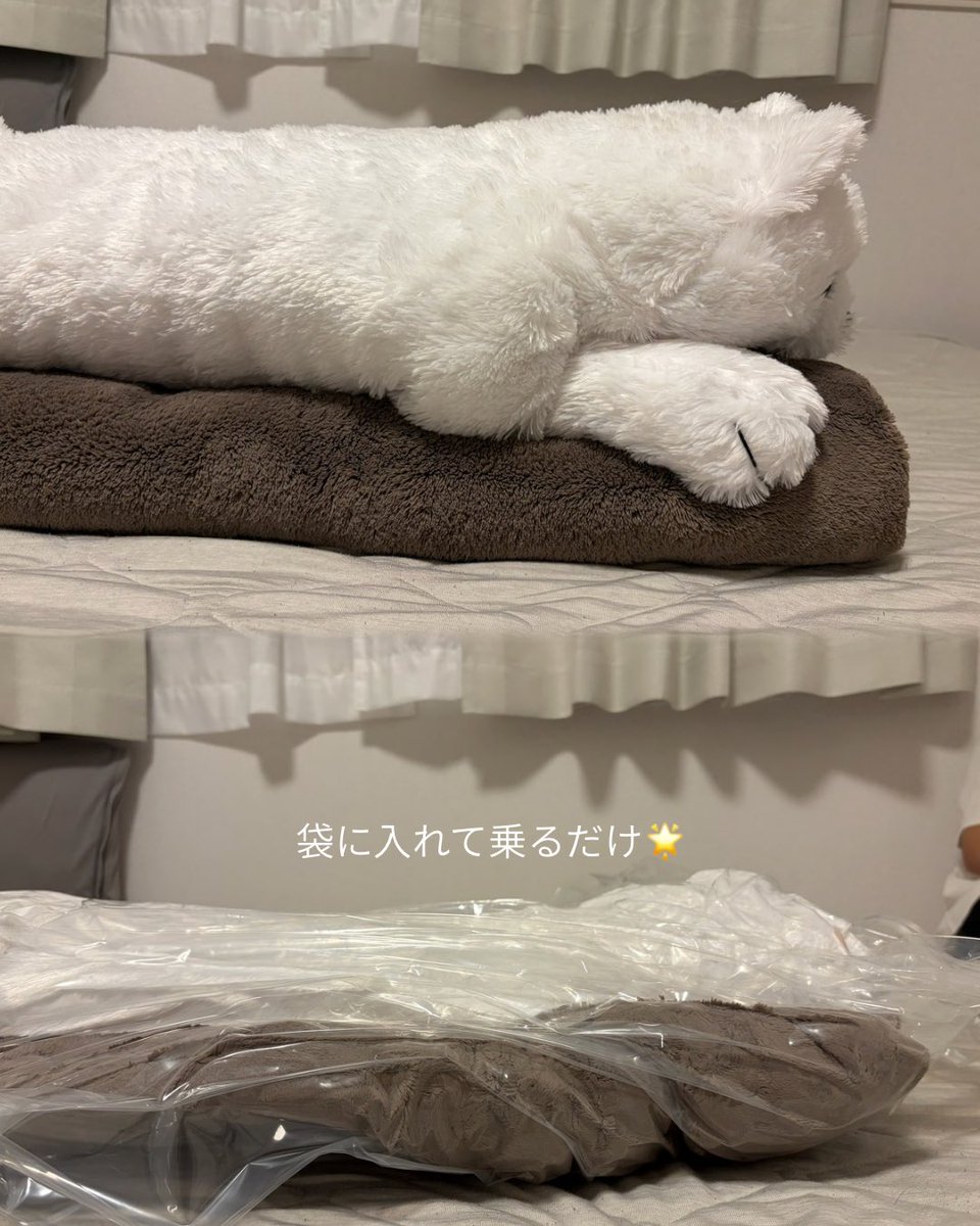 PIMI_Log's tweet photo. 🏷️PR ⋆*
鎌倉ライフ(@kamakulalife )様のお布団圧縮袋🛌🫧

掃除機要らずで圧縮できる🌟
ぬいぐるみさんにごめんねして毛布とぬいぐるみを圧縮袋で圧縮してみました！🥲

圧縮したいものを袋に入れて乗るだけ！

冬物のお布団しまう時かさばって悩んでた人に！女性一人でも簡単に圧縮してまとめることができる🙆‍♀️

 #鎌倉ライフ  #布団圧縮袋  #PR