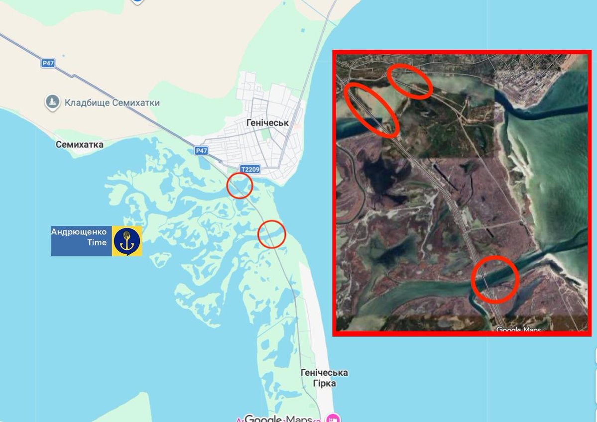 wartranslated's tweet photo. On the morning of June 10, authorities closed the bridge connecting Henichesk to the Arabat Spit in the occupied part of the Kherson region.
According to Vladimir Saldo, the Russian-installed head of the occupied Kherson region, Ukrainian forces allegedly attempted to strike one of the bridges linking Henichesk with the Arabat Spit on the morning of June 10. The attack may have targeted one of the three bridges in the Henichesk-Arabat Spit area.