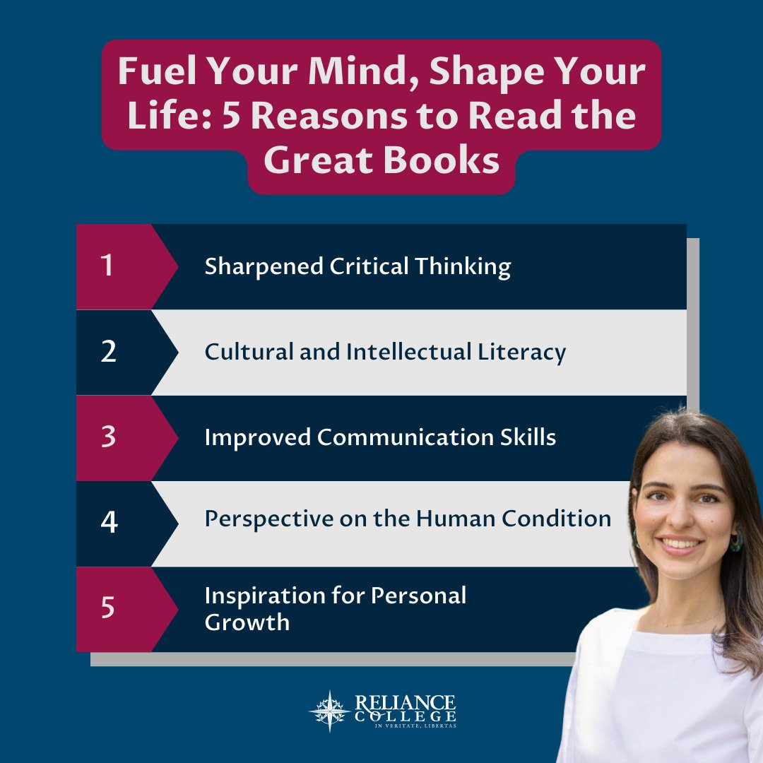 RelianceCollOrg's tweet photo. 📚 𝗪𝗵𝘆 𝗿𝗲𝗮𝗱 𝘁𝗵𝗲 𝗚𝗿𝗲𝗮𝘁 𝗕𝗼𝗼𝗸𝘀?

Because they sharpen your mind, deepen your character, and prepare you for a life of purpose.

Here are 5 benefits of reading the Great Books of Western Civilization:

🧠 𝗦𝗵𝗮𝗿𝗽𝗲𝗻𝗲𝗱 𝗖𝗿𝗶𝘁𝗶𝗰𝗮𝗹 𝗧𝗵𝗶𝗻𝗸𝗶𝗻𝗴
The Great Books challenge you to grapple with complex ideas, conflicting viewpoints, and timeless questions. This strengthens your ability to reason logically, analyze deeply, and think independently.

🌍 𝗖𝘂𝗹𝘁𝘂𝗿𝗮𝗹 𝗮𝗻𝗱 𝗜𝗻𝘁𝗲𝗹𝗹𝗲𝗰𝘁𝘂𝗮𝗹 𝗟𝗶𝘁𝗲𝗿𝗮𝗰𝘆
They form the foundation of Western thought. Understanding these works gives you insight into the roots of philosophy, science, politics, literature, and art—and allows you to engage more meaningfully with modern debates.

🗣️ 𝗜𝗺𝗽𝗿𝗼𝘃𝗲𝗱 𝗖𝗼𝗺𝗺𝘂𝗻𝗶𝗰𝗮𝘁𝗶𝗼𝗻 𝗦𝗸𝗶𝗹𝗹𝘀
Reading and discussing the Great Books helps you articulate your thoughts clearly and persuasively. You learn by example from authors who wrote with precision, nuance, and rhetorical power.

⚖️ 𝗣𝗲𝗿𝘀𝗽𝗲𝗰𝘁𝗶𝘃𝗲 𝗼𝗻 𝘁𝗵𝗲 𝗛𝘂𝗺𝗮𝗻 𝗖𝗼𝗻𝗱𝗶𝘁𝗶𝗼𝗻
From Plato to Dostoevsky, the Great Books explore enduring themes: justice, freedom, love, virtue, and the nature of reality. They offer insight into the struggles, hopes, and aspirations shared across time and cultures.

🚀 𝗜𝗻𝘀𝗽𝗶𝗿𝗮𝘁𝗶𝗼𝗻 𝗳𝗼𝗿 𝗣𝗲𝗿𝘀𝗼𝗻𝗮𝗹 𝗚𝗿𝗼𝘄𝘁𝗵
These texts don't just inform—they provoke introspection. You confront big questions about how to live, what to value, and who you want to become.

Start reading what the great minds read.

At Reliance College, the Great Books aren’t just reading material—they’re the foundation of a life-changing education.

👉 If you're 16–24 and hungry for this kind of education, the Great Connections Seminar is your starting point. Apply now: https://t.co/DVtYfT3eAS