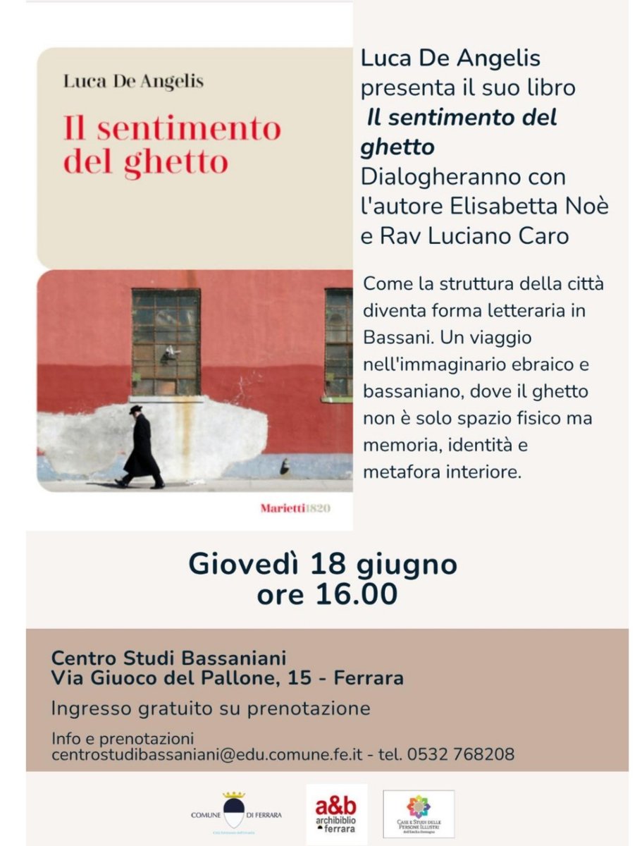 marietti1820's tweet photo. Giovedì 18 giugno alle ore 16.00, presso il Centro Studi Bassaniani di Ferrara, sarà presentato 𝐈𝐥 𝐬𝐞𝐧𝐭𝐢𝐦𝐞𝐧𝐭𝐨 𝐝𝐞𝐥 𝐠𝐡𝐞𝐭𝐭𝐨 di 𝐋𝐮𝐜𝐚 𝐃𝐞 𝐀𝐧𝐠𝐞𝐥𝐢𝐬. https://t.co/16b4qCM2KV