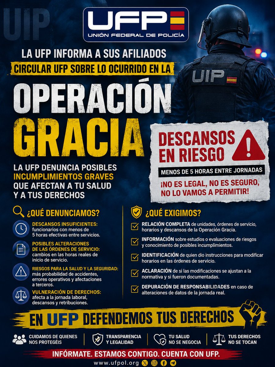 ufpol's tweet photo. 🚨 OPERACIÓN GRACIA 🚨

Hemos trasladado a la Dirección General de la Policía nuestra preocupación por las informaciones recibidas sobre:

⚠️ Descansos inferiores a 5 horas entre jornadas.

⚠️ Posibles alteraciones en los horarios reflejados en órdenes de servicio.

Exigimos transparencia, responsabilidades y el cumplimiento estricto de la normativa.

👮‍♂️ Defender a quienes nos protegen es una obligación.