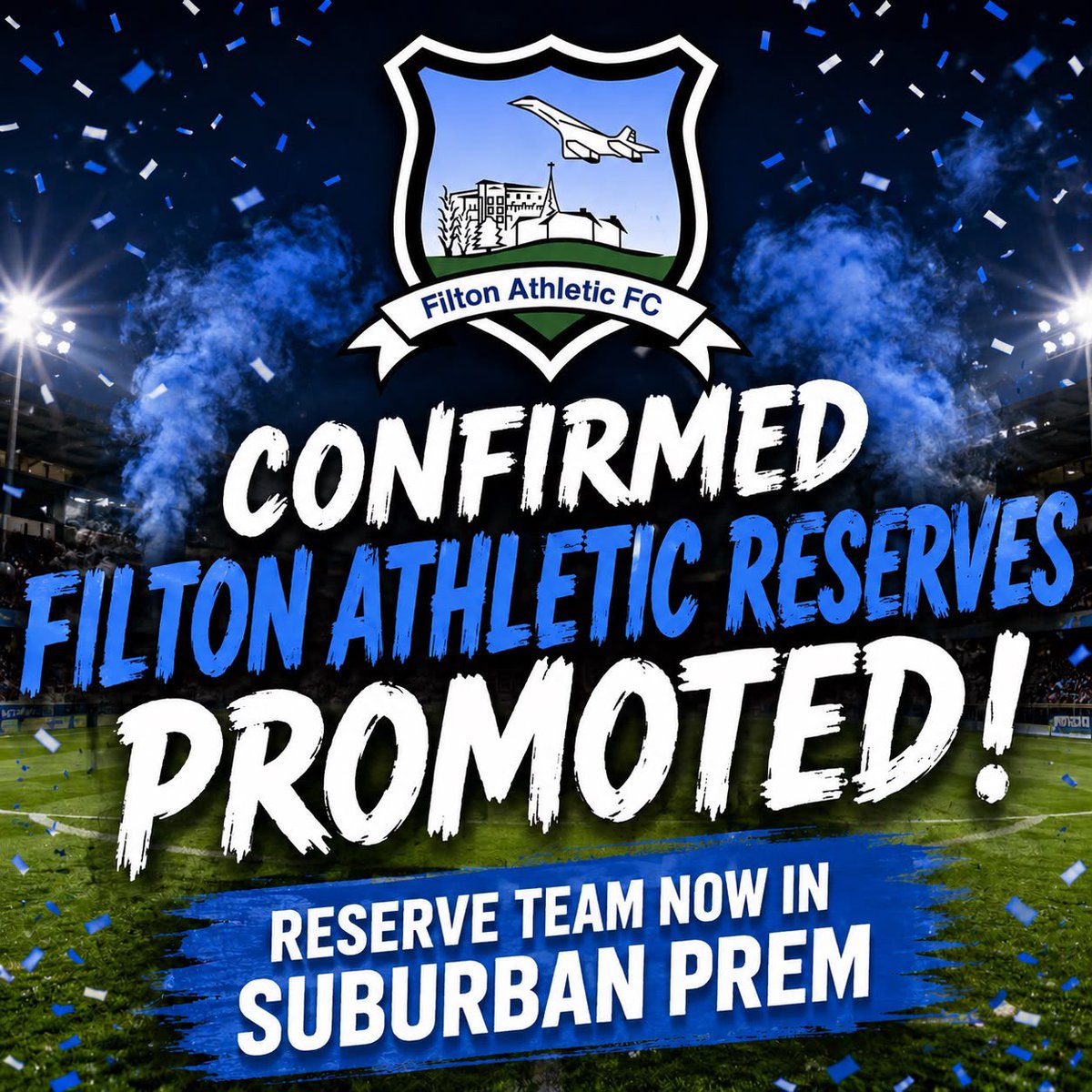 FiltonAthletic's tweet photo. Promotion for the reserves 🔵⚪️. 

26/27 season the reserves will be playing in the Suburban Prem for the first time. 

Exciting developments on and off the pitch. https://t.co/QCZE7rOA1w