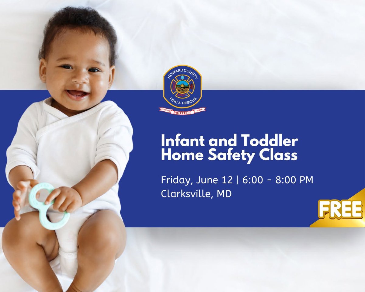HoCoGov's tweet photo. .@HCDFRS's "Infant and Toddler Home Safety Class" teaches #HoCoParents & caretakers the biggest home safety risks to young children under 4 & how to prevent serious or deadly injuries. Taught by the Safe Kids Howard County coalition, DFRS's next FREE home safety class is scheduled for this Friday, 6/12, 6-8 pm at 5000 Signal Bell Ln, #ClarskvilleMD. W/ limited spots left #HoCoMD, be sure to visit https://t.co/H36flHfWCh today to register.