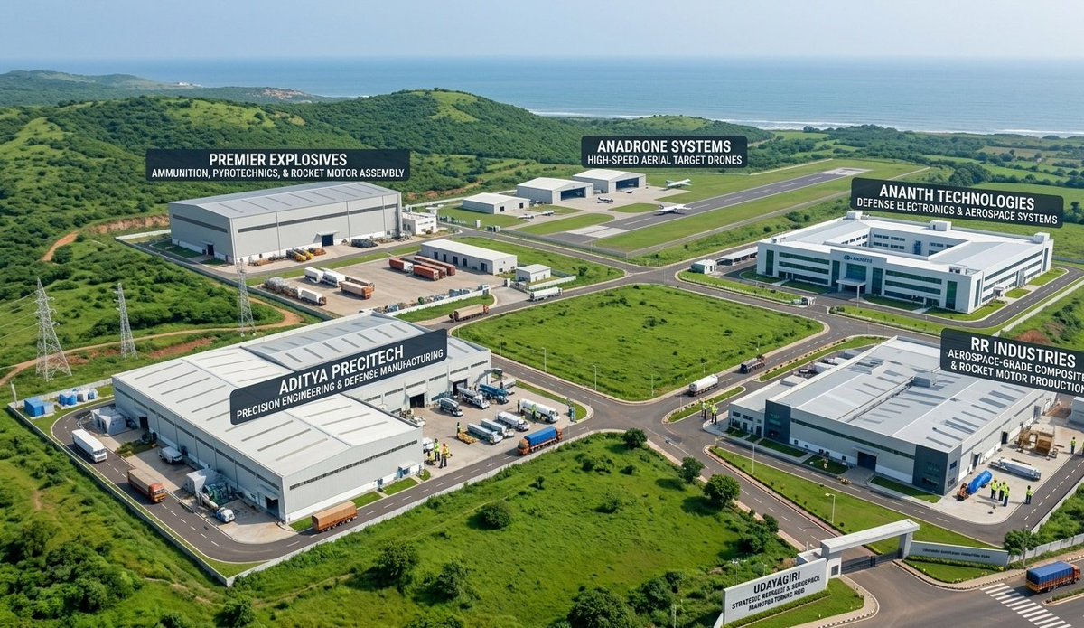AndhraNexus's tweet photo. Nellore is silently emerging as a major Defence & Aerospace manufacturing hub in India, with most of the investments concentrated around the Udayagiri region.

🔹 Premier Explosives Ltd – ₹500 Cr
Medium-calibre ammunition, pyrotechnic devices, bomb filling, and rocket motor assembly.

🔹 Anadrone Systems – ₹221 Cr
High-speed aerial target drones for all three branches of the Indian Armed Forces.

🔹 Ananth Technologies Ltd – ₹1,000 Cr
Defence electronics and advanced aerospace systems.

🔹 Aditya Precitech Pvt Ltd – ₹500 Cr
Precision engineering and defence manufacturing.

🔹 RR Industries
Aerospace-grade composites and rocket motor production facilities.
#AndhraPradesh