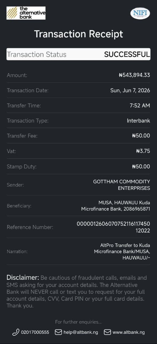 realazeez's tweet photo. @AltBankNg Hello please,
I received a sum of money from  Gottham Commodity Enterprise to my Kuda account since 7th june, 2026 and the account is said to be on hold by your bank and the sender sent me a successful receipt for the transaction. Please help me https://t.co/PRirH5gtU6