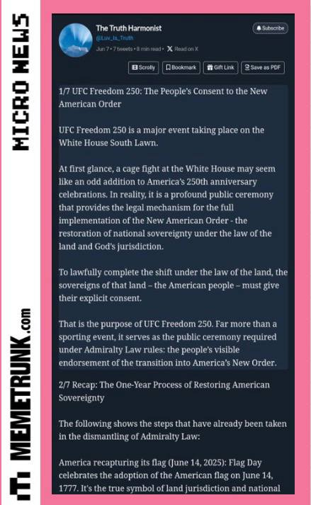 PhilomenaGrady's tweet photo. THIS IS INTERESTING !!

"... The UFC is more than a sporting event. It serves as a public ceremony required under Admiralty Law rules: the people's visible endorsement of the transition into America's New Order. The One-Year Process of Restoring American Sovereignty...."

WWG1WGA https://t.co/I9wMG1Idet