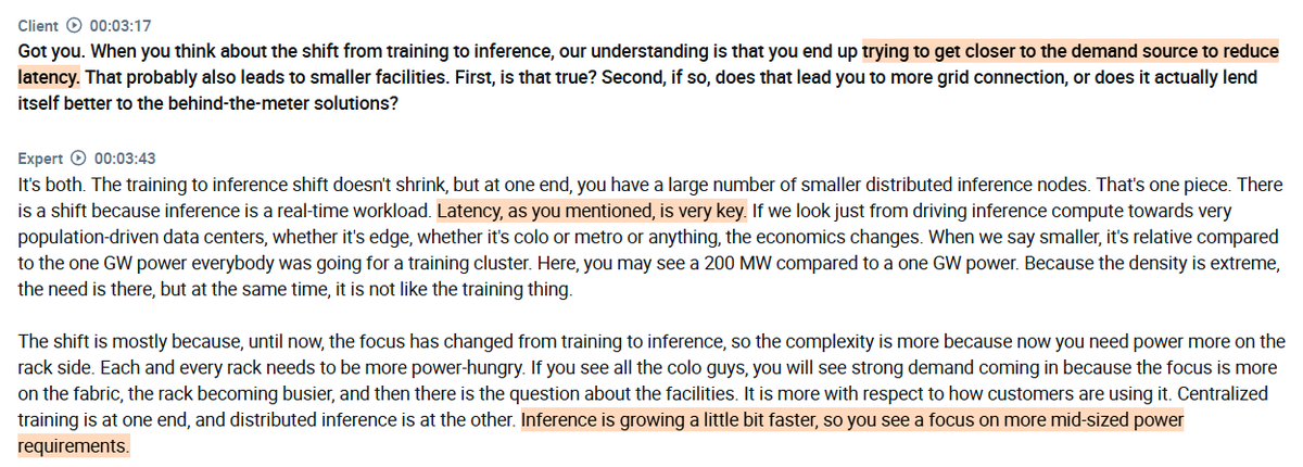 RihardJarc's tweet photo. Interview with a $GOOGL employee who thinks we still have at least five more years of strong capital deployment ahead in the AI buildout:

1. The expert sees the AI data center build cycle as roughly at the halfway point, with the buildout expected to continue through 2035 before the next architectural shift. The current phase is transitioning from training-heavy investment to inference, and the expert sees at least five more years of strong capital deployment ahead. On the shape of spending, the expert expects the composition to shift rather than the total to decline, with heavy hardware investment dominating through 2027 and 2028 before giving way to a larger proportion of software and operational spend as AI becomes more of a commodity.

2. He emphasizes that the shift from training to inference pushes compute closer to population centers to reduce latency. Training clusters were chasing 1GW facilities, while inference deployments sit closer to 200MW, spread across colocation and metro sites rather than concentrated in one place. 

3. The expert highlights a clear distinction between training and inference from a power design perspective. Training runs at flat, sustained load for weeks, making it predictable but requiring over-provisioned capacity, while inference is spiky and needs capacity available on demand even when mostly idle.

4. According to the expert, hyperscalers would willingly pay a 5-15% premium above the equivalent volume price to secure a shorter-duration PPA, with the logic being that retaining the option to extend, restructure, or walk away after 7 years is worth paying for compared to being locked into a 20-year commitment with no flexibility. The expert sees hyperscalers holding a stronger position in most markets, since power assets without a signed contract generate no revenue, giving hyperscalers leverage in all but the most supply-constrained regions.

5. The expert sees two forces driving the push for on-site power over waiting for grid connections. GPUs are expensive depreciating assets that generate no return when not running, and customer demand cannot wait, with any hyperscaler that fails to deploy quickly risking losing that customer to a faster competitor. In the near term, a small increase in power costs is not a deal breaker, but over a 5 to 10 year operating period that difference compounds, and the expert expects cost efficiency to become a much bigger priority by 2029.

found on @AlphaSenseInc