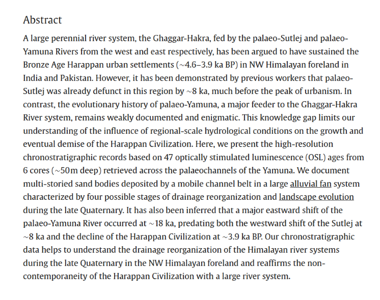 titu420ex's tweet photo. @Jijith_NR @bheemmz https://t.co/GncbzfAxqM 
@Jijith_NR  your opinion 
paper mention  
"Eastward avulsion of the palaeo-Yamuna constrained at ∼18 ka, predating the decline of the Harappan Civilization."
https://t.co/gzOmpy6psd https://t.co/Y57IZelPP2
